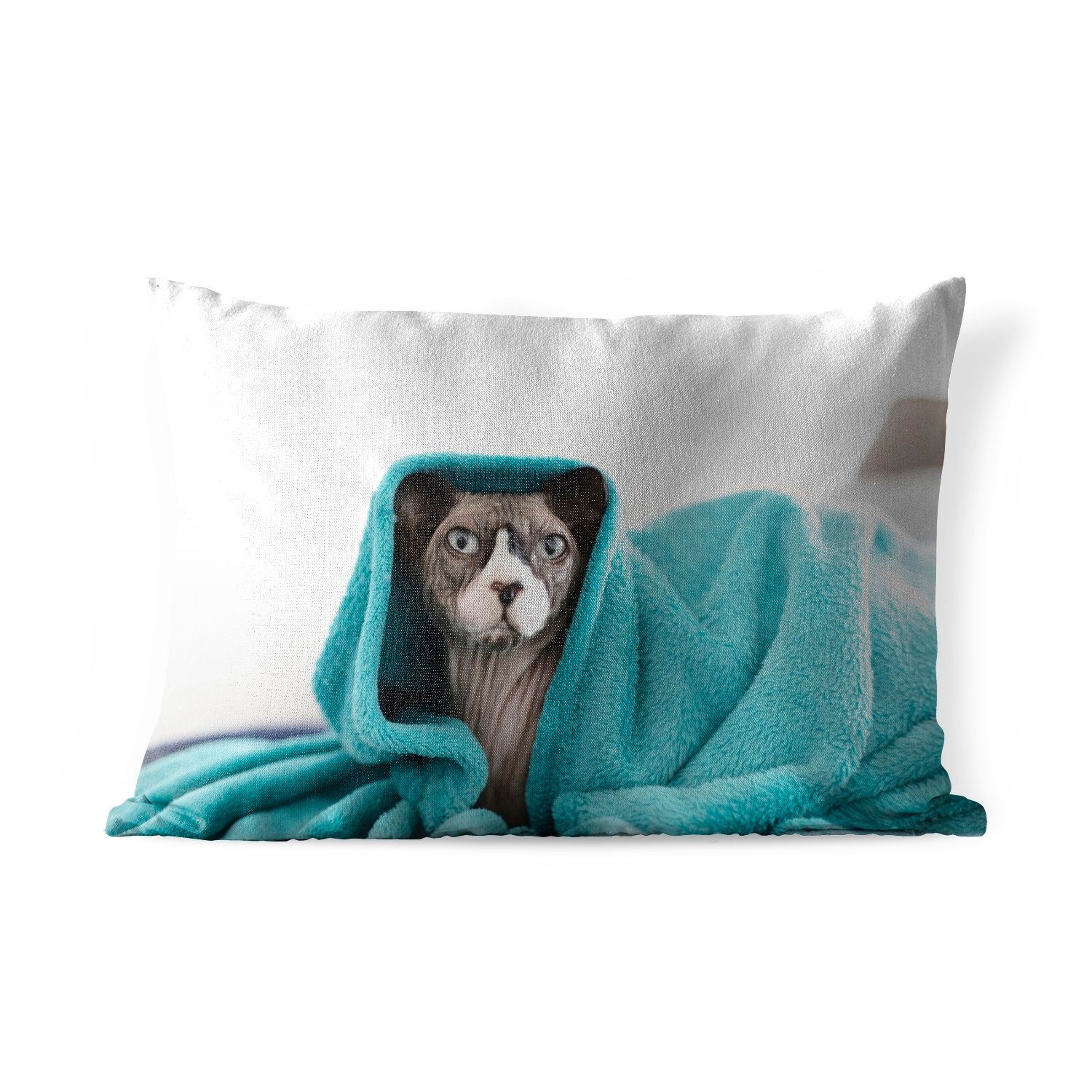 MuchoWow Dekokissen Sphynx-Katze unter einer blauen Decke, Outdoor-Dekorationskissen, Polyester, Dekokissenbezug, Kissenhülle