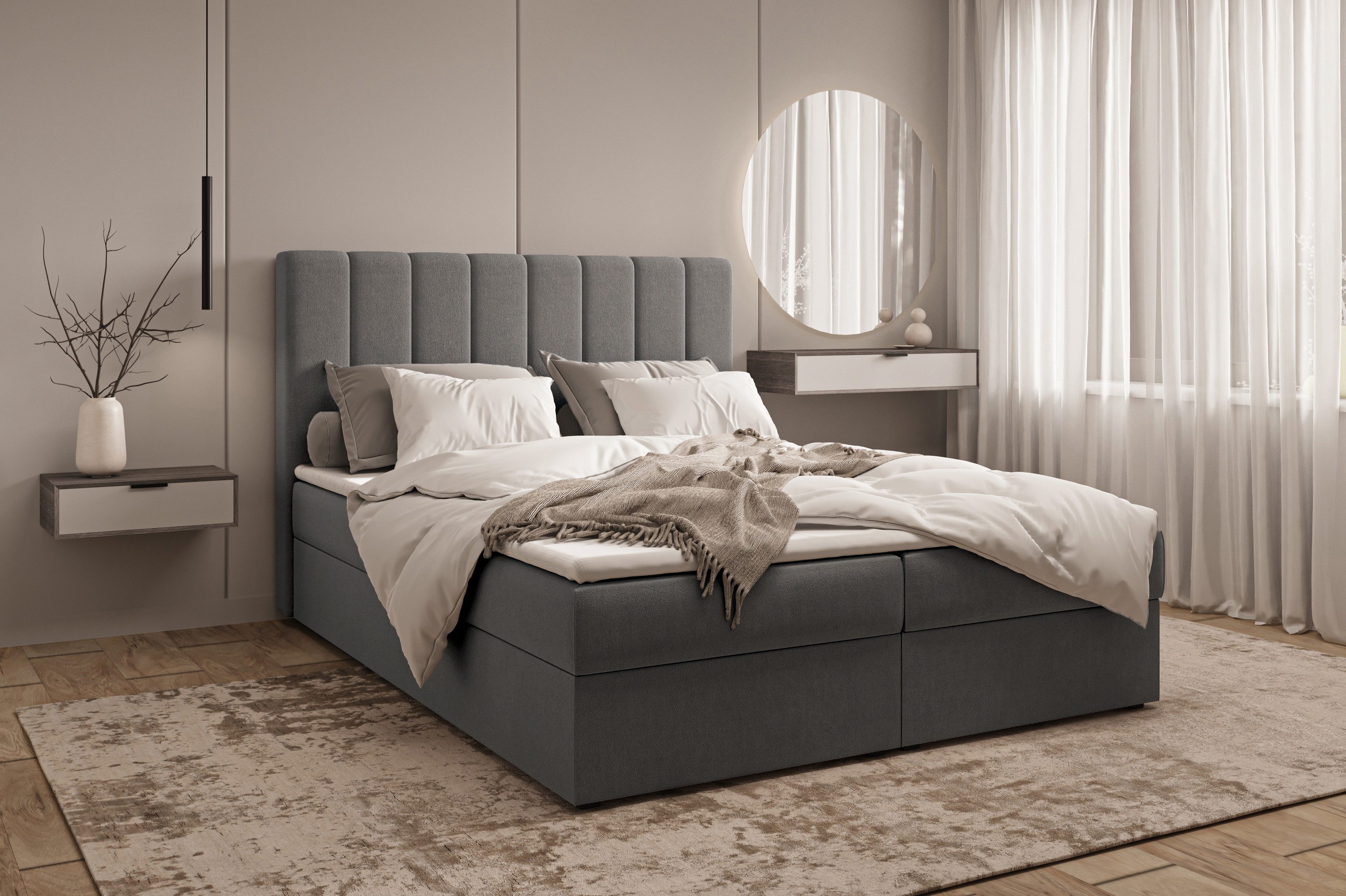 MOEBLO Boxspringbett Bett 01 (Bonell, Topper, Doppelbett gepolstertes Kopfteil mit Bettkasten Boxspringbett, aus Samt, Polsterbett Kontinentalbett, dekorativem Kopfteil), Boxspring, - (BxHxT):143/163/183x113x214 cm