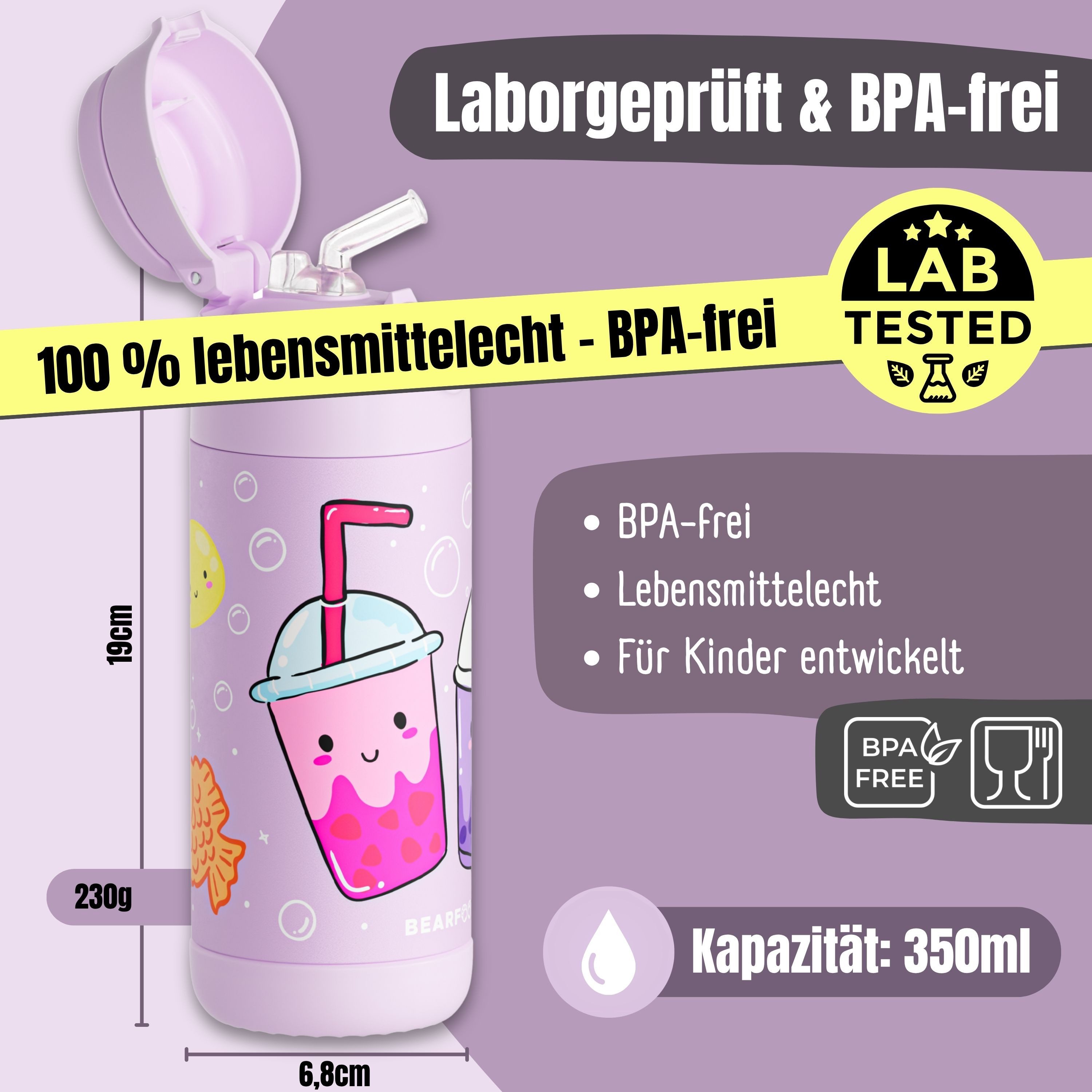 BEARFOOT Trinkflasche Thermo Kinder Trinkflasche Edelstahl - BubbleTea lila, Thermosflasche, auslaufsicher, Edelstahl, Kinderflasche, BPA-frei – Bild 5 von 5