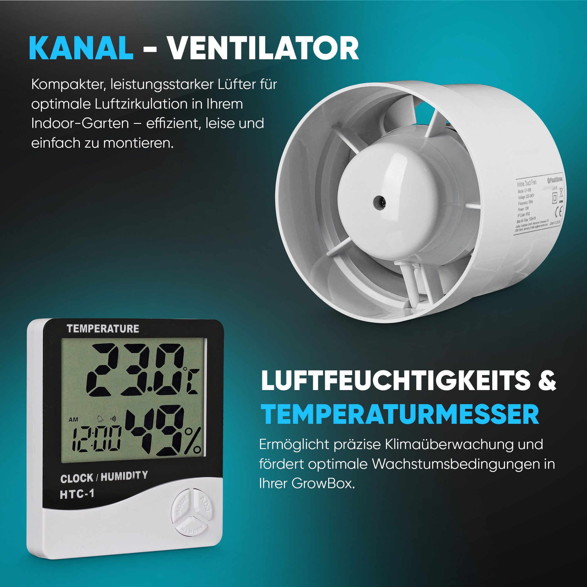 PlantiGrow Gewächshaus PlantiGrow Growbox Komplettset – Indoor Gewächshaus, mit 150W Vollspektrum LED Lampe (Dimmbar), 1680D, Carbon-Filter, Inline-Kanalventila – Bild 5 von 5