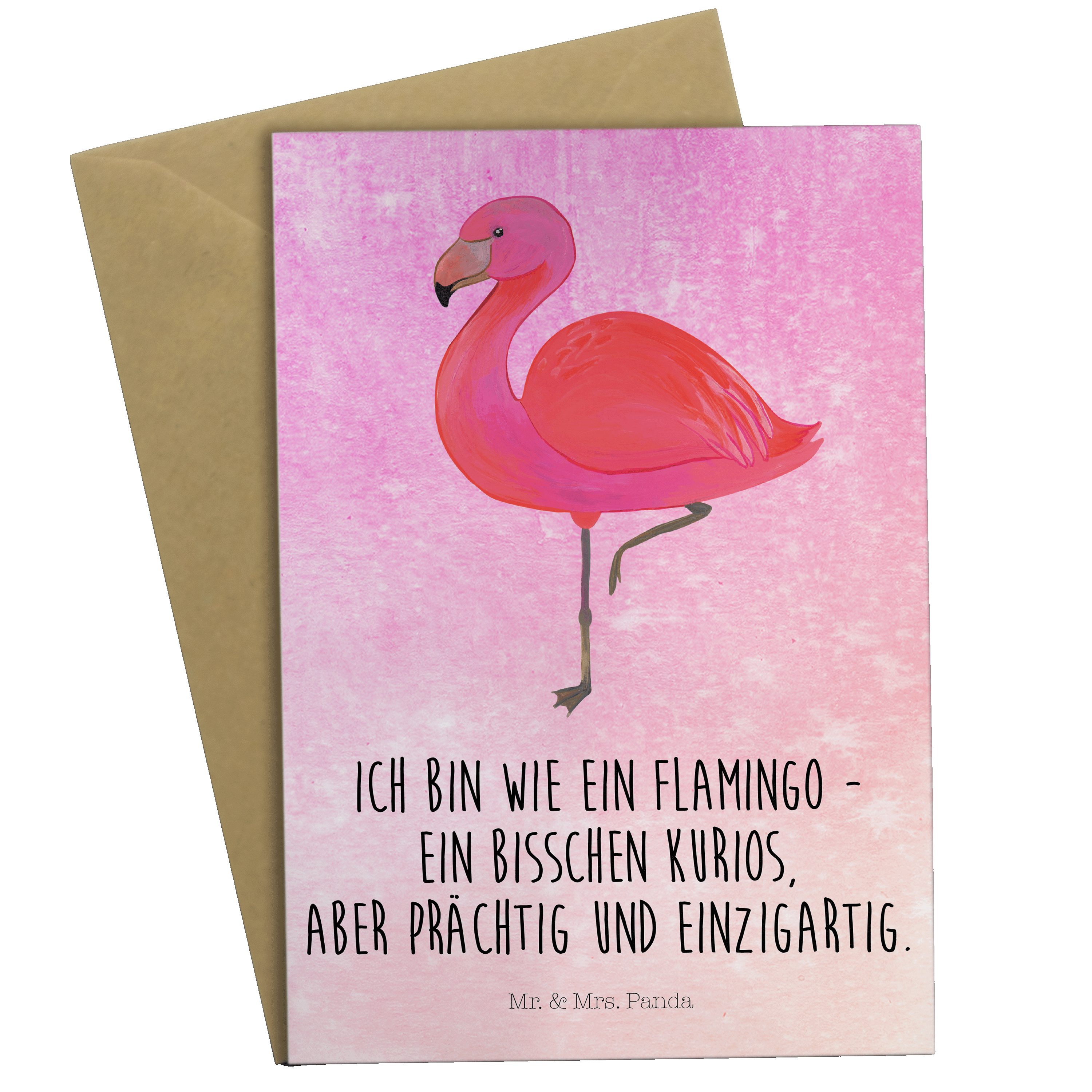 Mr. & Mrs. Panda Grußkarte Flamingo classic - Aquarell Pink - Geschenk, Spruch, Freundinnen, Ein | Grußkarten
