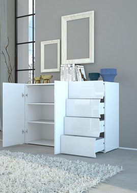 möbelando Sideboard Onda, Modernes Sideboard aus Spanplatte in Weiß-Hochglanz mit 2 Holztüren, 4 Schubkästen, 2 Einlegeböden. Breite 130 cm, Höhe 81,2 cm, Tiefe 40 cm