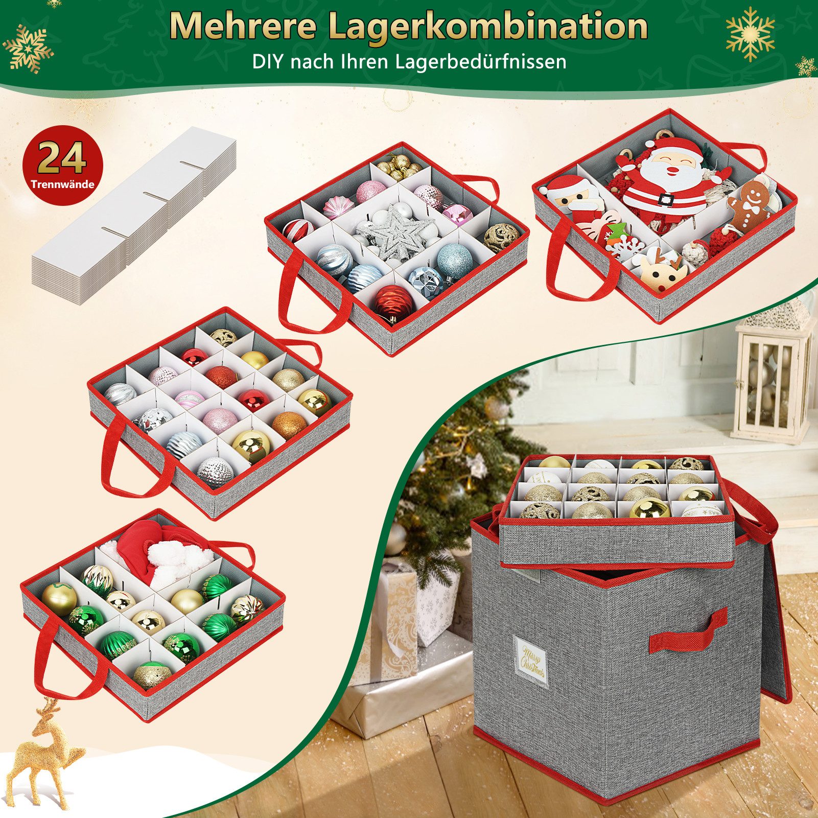 OSTWOLKE Aufbewahrungsbox für Weihnachtskugeln 64 Fächer Weihnachtskugeln Aufbewahrung, Abnehmbar, mit Griffen & Unterteiler