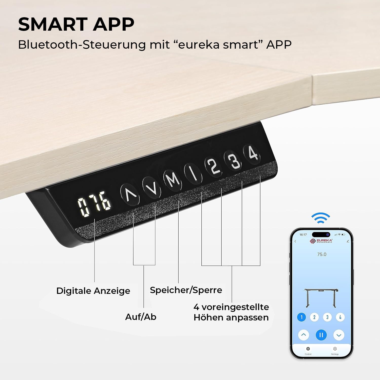 EE EUREKA ERGONOMIC Schreibtisch Elektrischer Großer Ergonomischer Stehschreibtisch, Höhenverstellbarer (1-St., Anti-Kollisions-system, 4 Höhen-Speicherpositionen, mit Tastaturablage), MAX. Load: 100kg, Höhe 75-122 cm Flügelförmiger Gaming-Schreibtisch