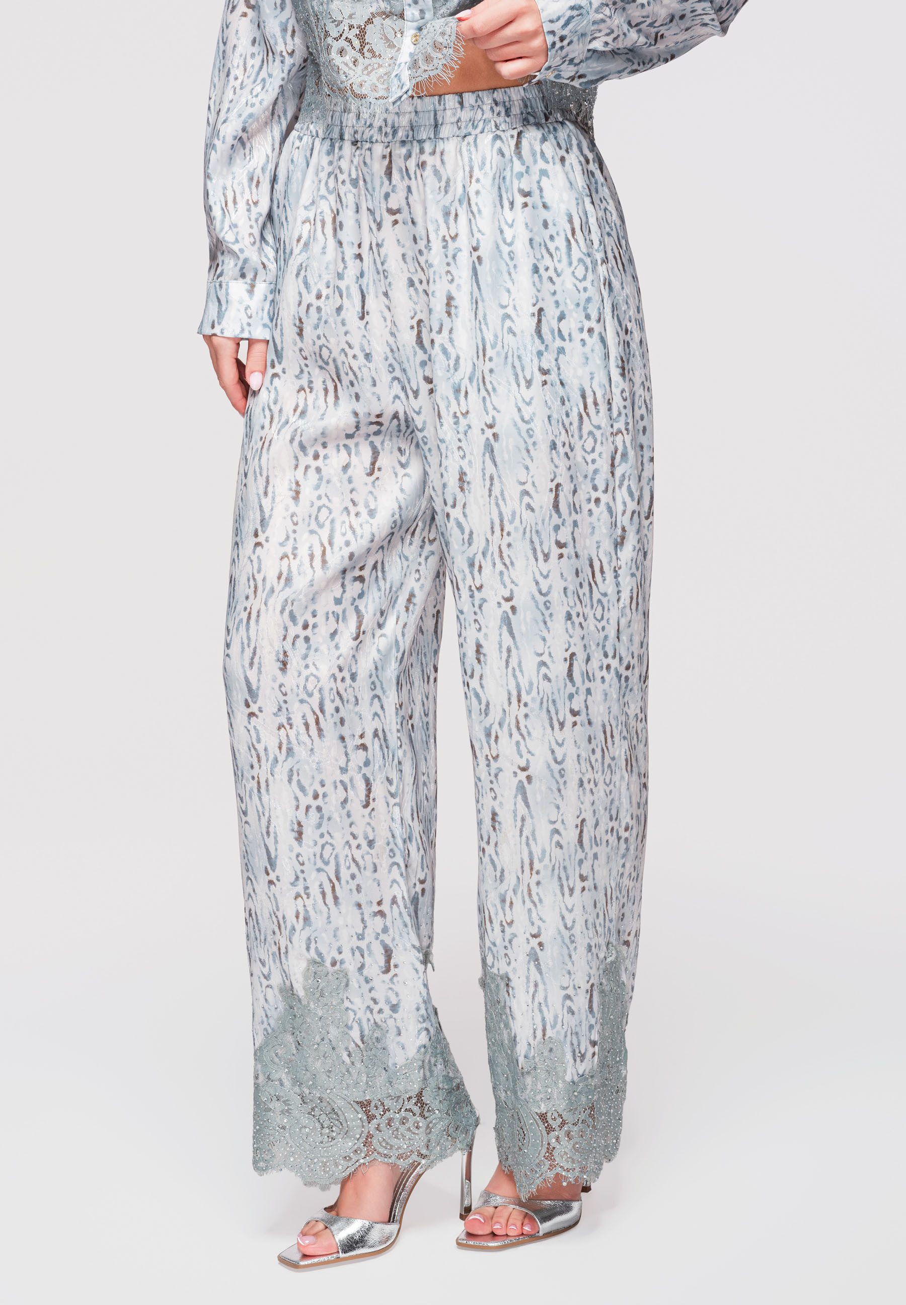 OMBRE Palazzohose Damen Palazzo-Hose Animal-Print Boho-Style Blau S/M (kein Set, 1-tlg) Allover-Druck, Spitze am Beinabschluss