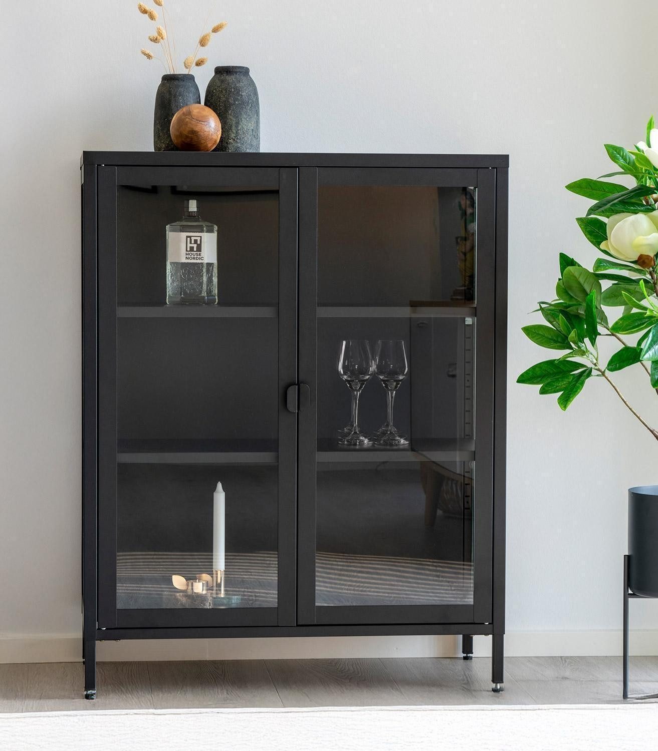 House Nordic Highboard BRISBANE, Schwarz, Glas, Stahl, 2 Türen, B 80 x H 101 x T 40 cm