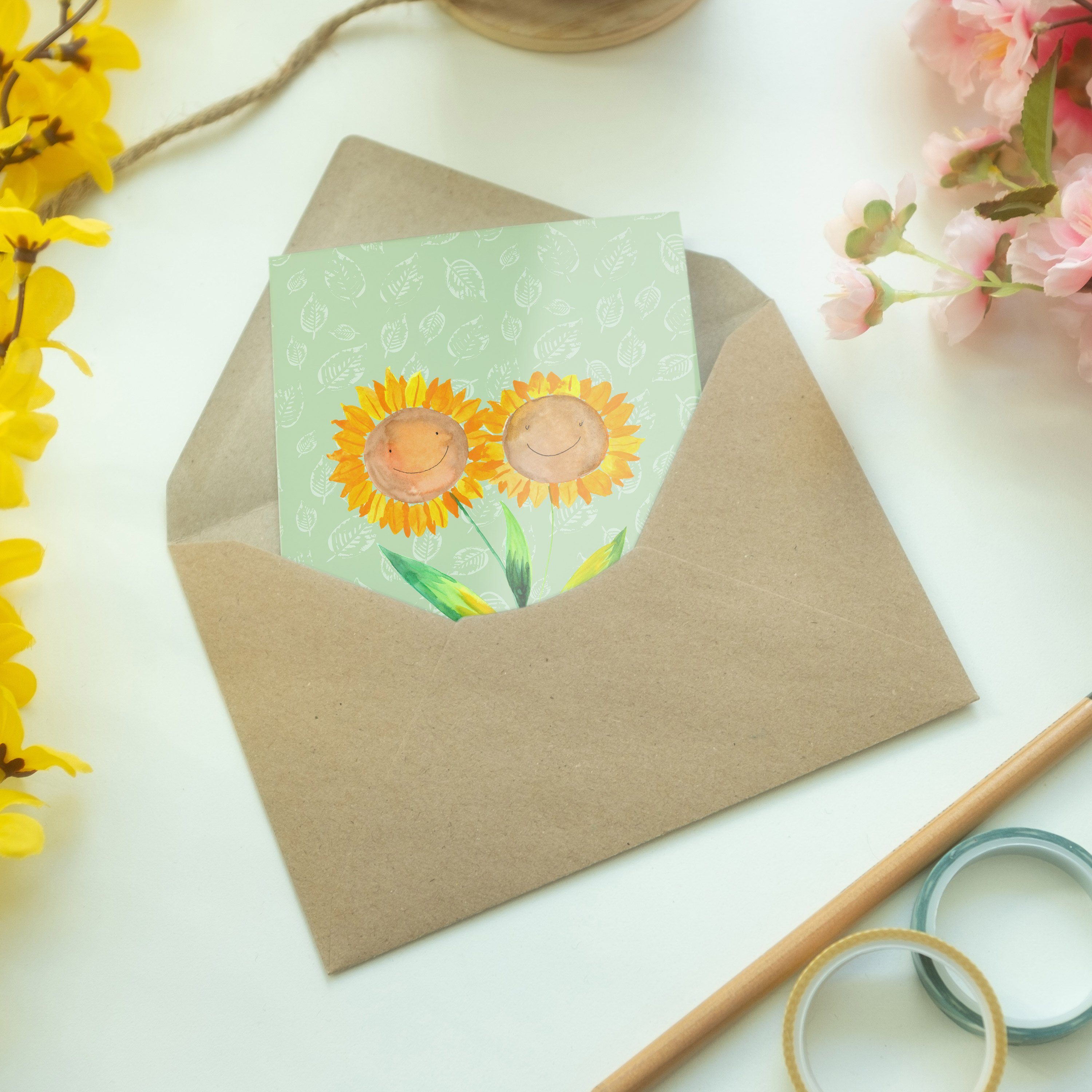Blattgrün - Sonnenblume - Hochzeitskarte, Mrs. Mr. Klappkarte, Panda Geschenk, Grußkarte Best &