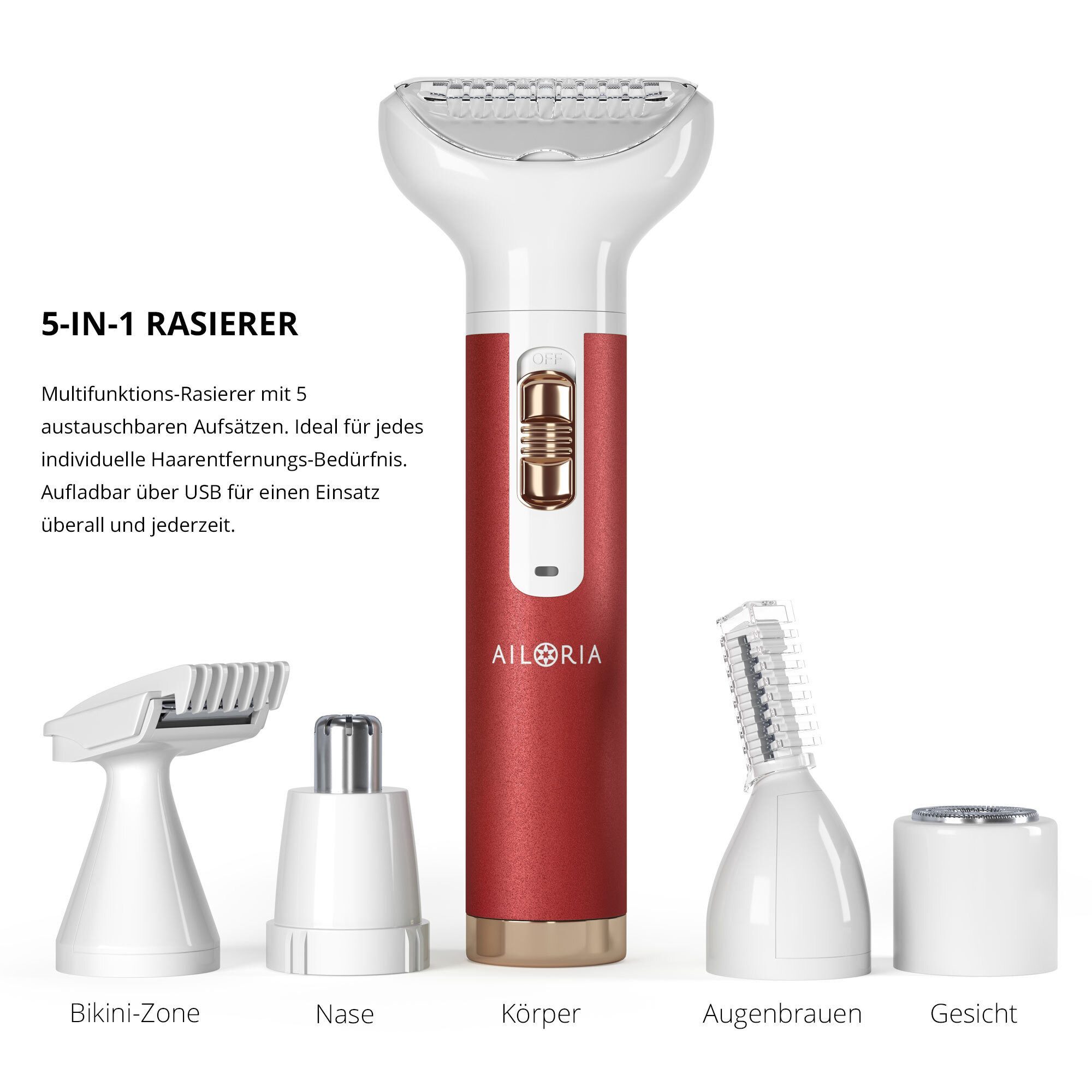 AILORIA Haarentferner-Set EVAPORE SET Rasierer mit verschiedenen Aufsätzen, Aufsätze: 5, Rasierer mit verschiedenen Aufsätzen USB