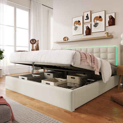 PHOEBE CAT Boxspringbett (Hydraulisches Bett mit Bettkasten), Polsterbett mit LED-Beleuchtung Kunstleder 160x200cm