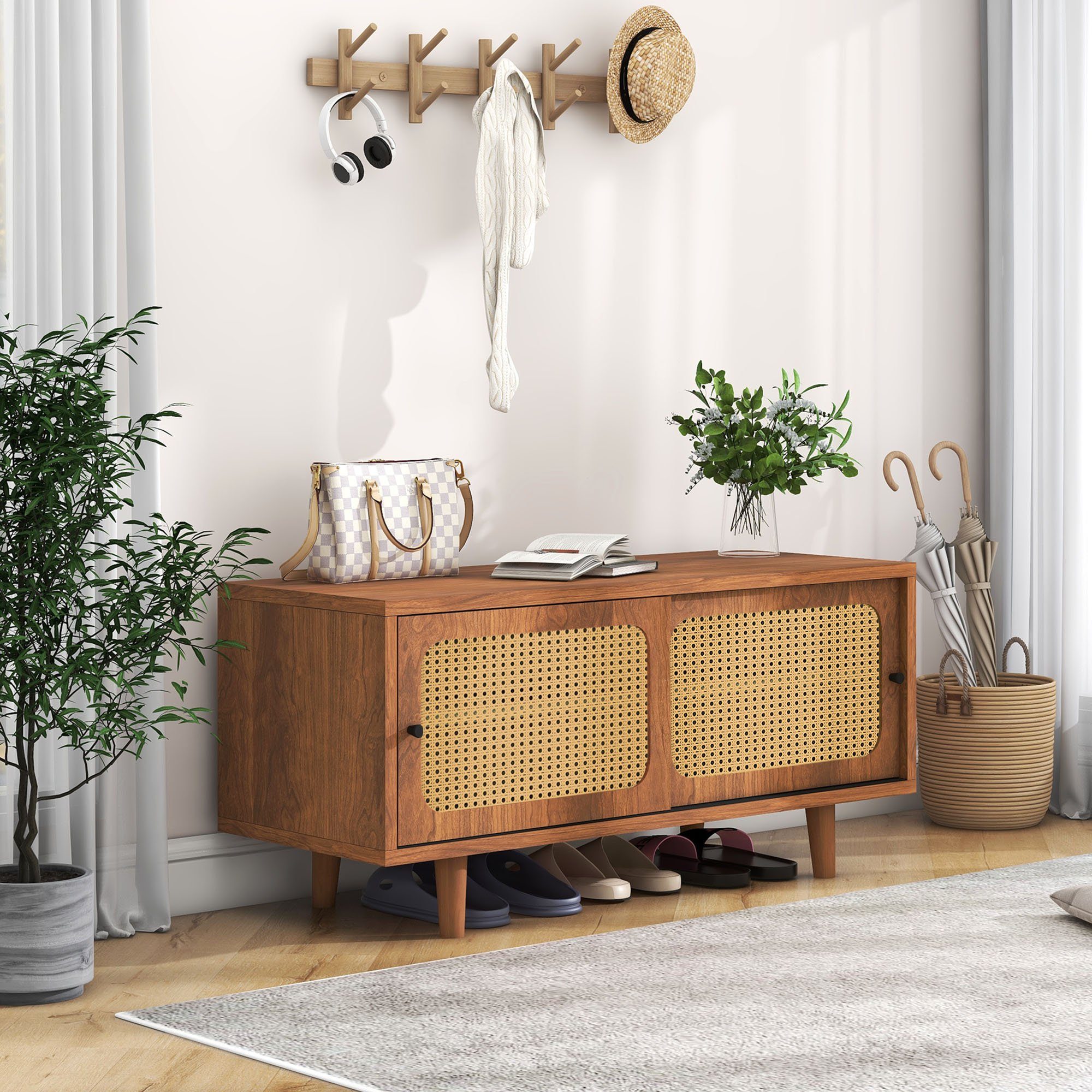 Sweiko Schuhbank (Schuhschrank mit Rattantür, Holzfüßen), günstig online kaufen