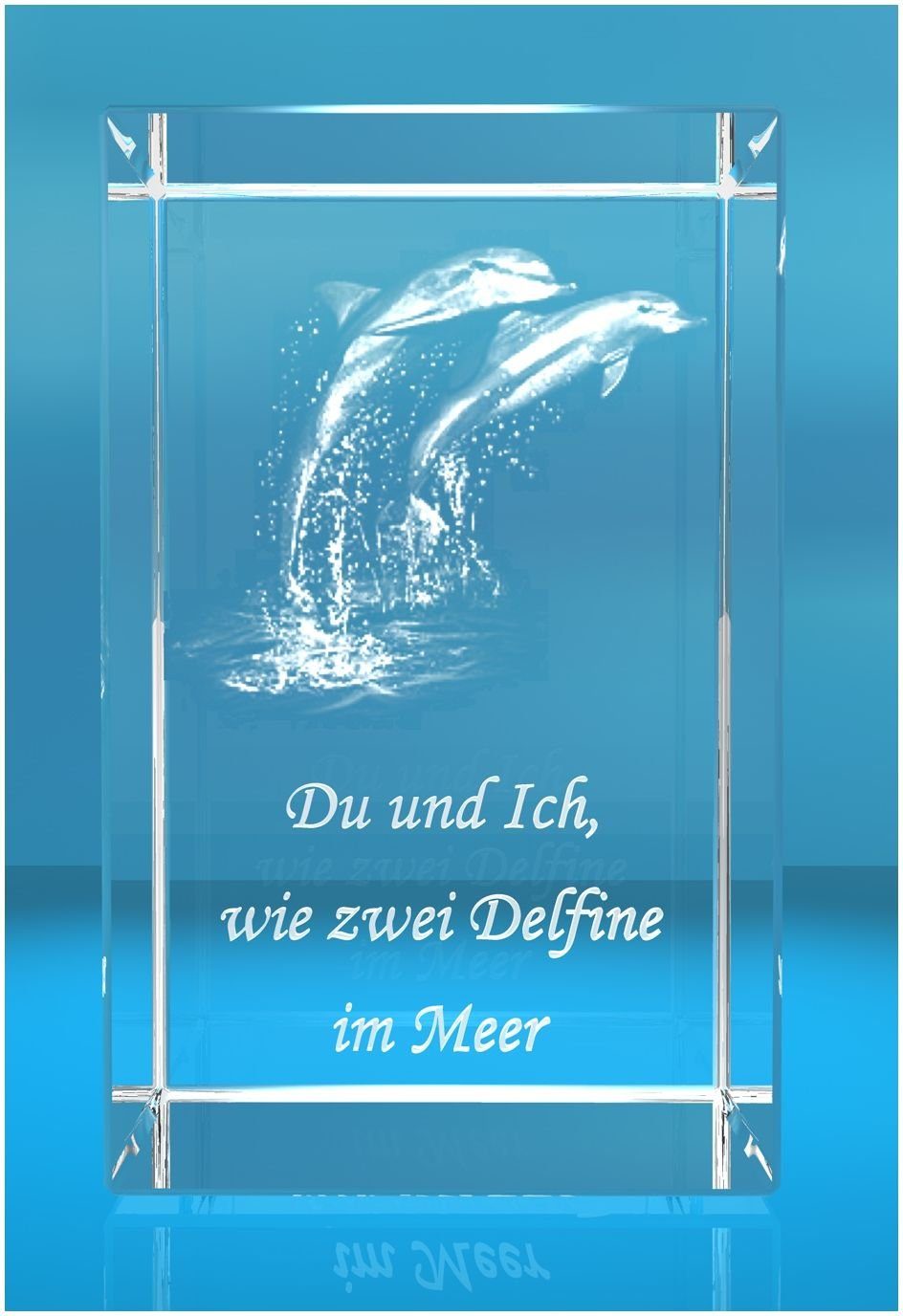 VIP-LASER Dekofigur 3D Glasquader I Delfine I Text: Du und ich wie zwei Delfine im Meer, Hochwertige Geschenkbox, Made in Germany, Familienbetrieb | Dekofiguren