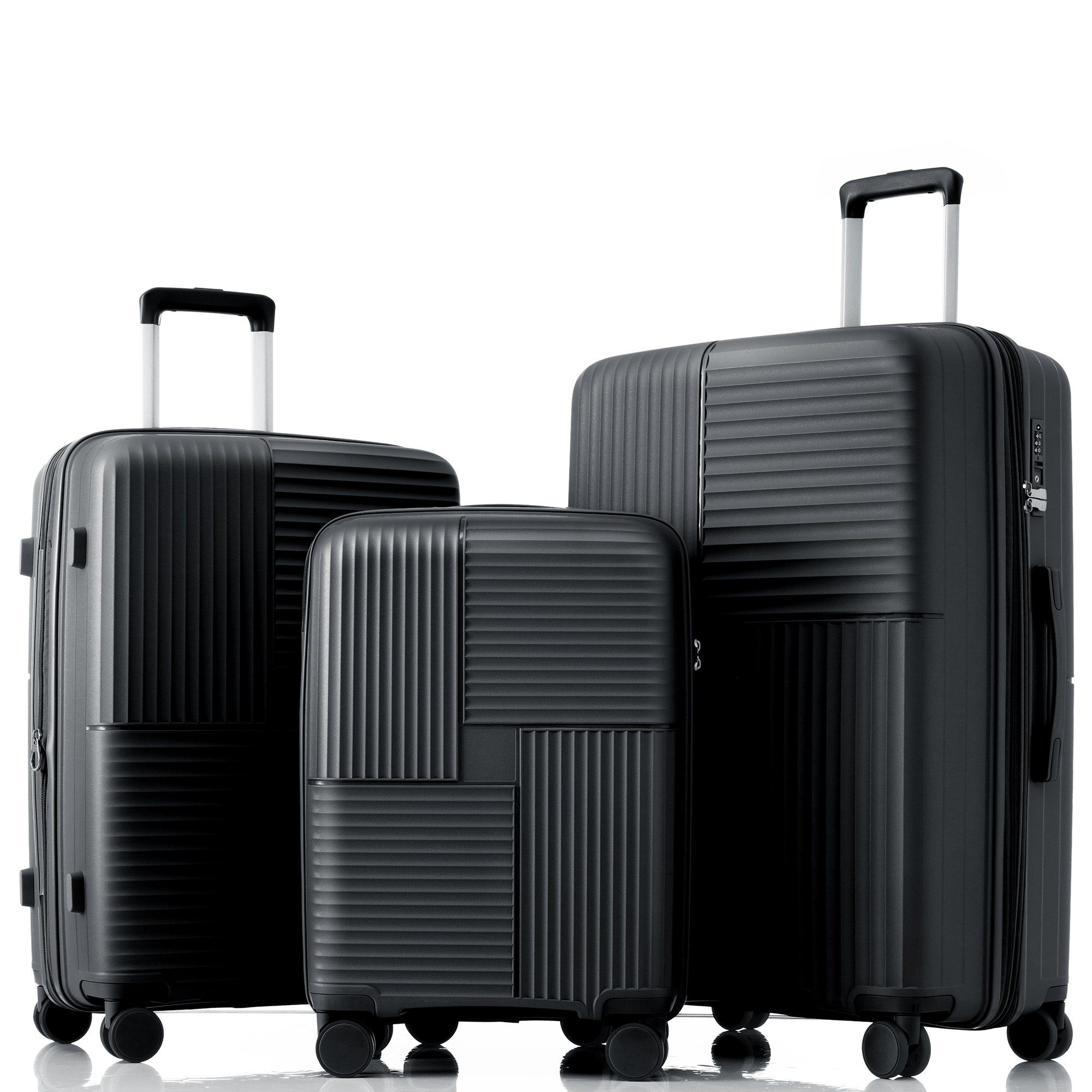 Flieks Reisekoffer Trolleyset, Schwarz PP-Gepäck tlg), Erweiterung Set Handgepäck Koffer (3 Rollen, Trolley 4