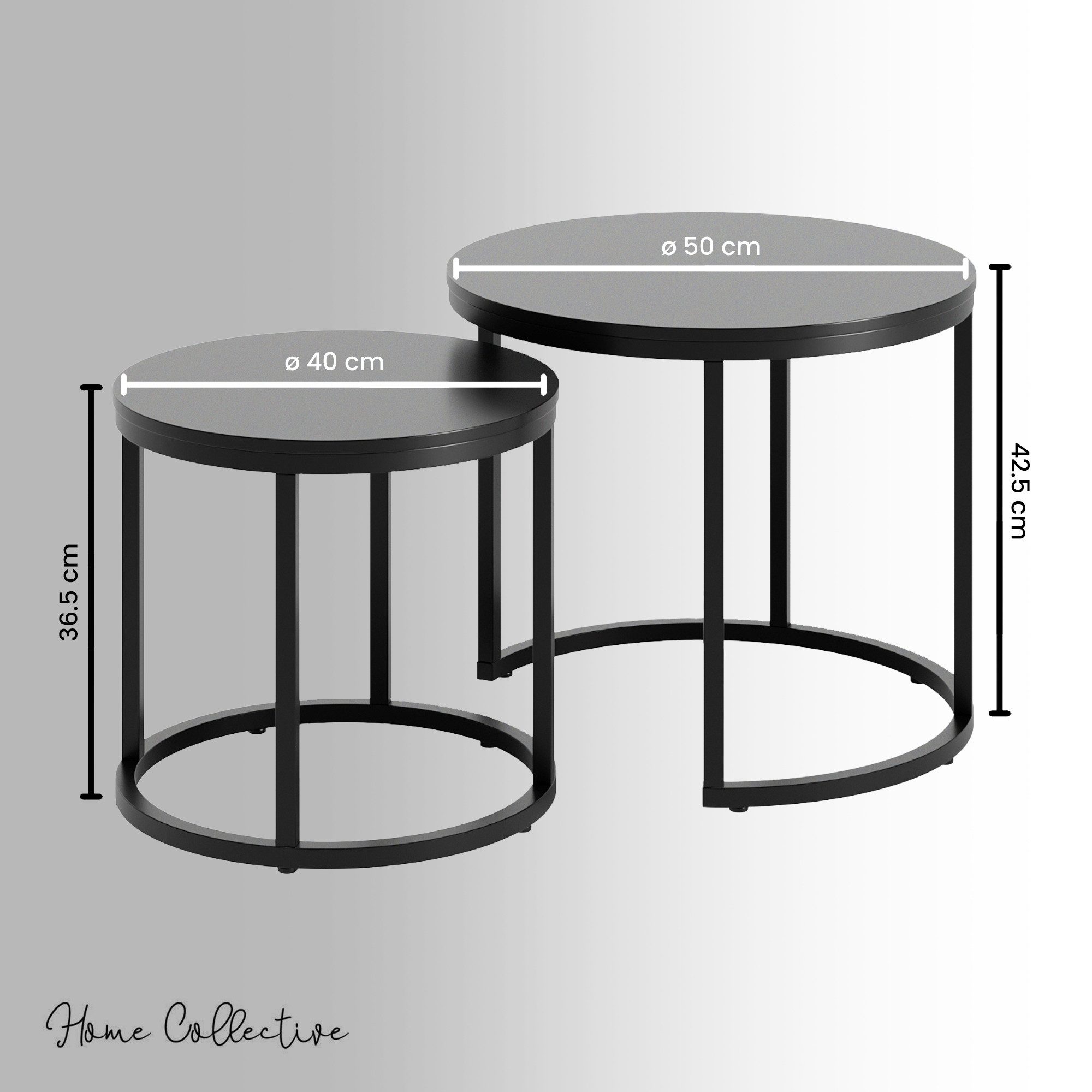 Home Collective Couchtisch 2er Set Beistelltisch Wohnzimmertisch modern rund und quadratisch (ideal als Büro Ablagetisch oder als Wohnzimmer Deko, Kleiner runder Tisch Set 2 in 1), hochwertiges Design mit Metallgestell, stabile Tischplatte, schwarz