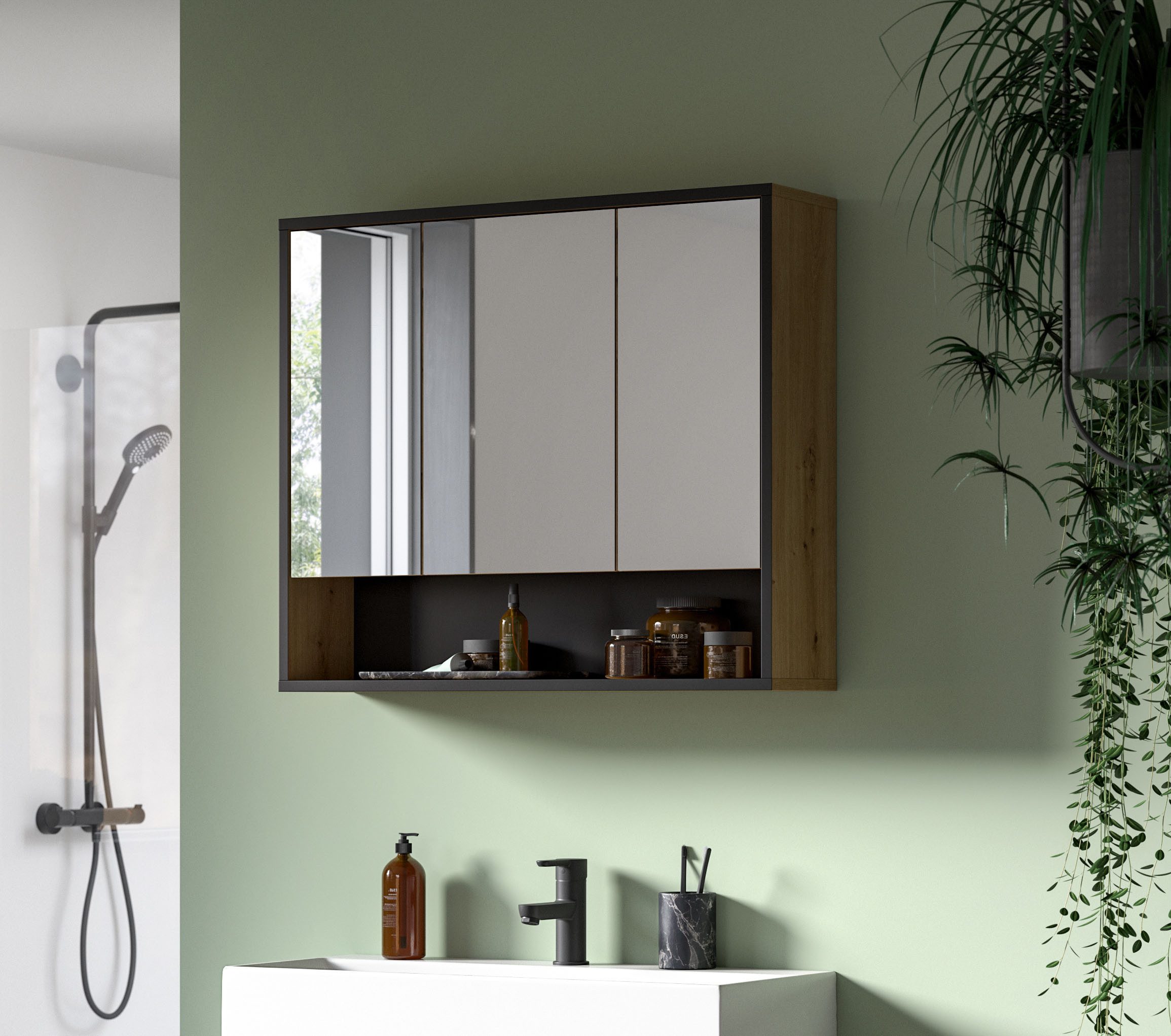 welltime Spiegelschrank LOCRI, Höhe 68 cm, 3 Spiegeltüren, 3 Einlegeböden, 1 offenes Fach (1-St., viel Stauraum, für perfekte Organisation) Badmöbel, Badschrank, Badhochschrank, Schrank, Bad, Badezimmer