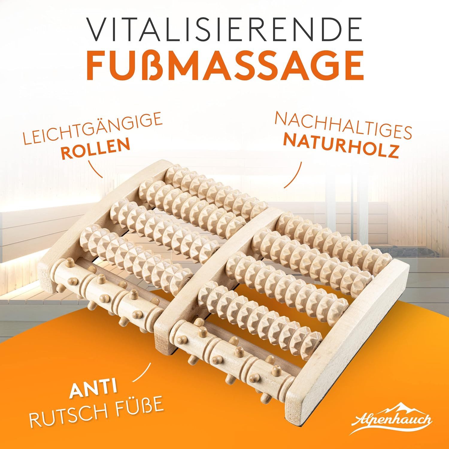 Alpenhauch Fußmassagegerät - Fußmassagerolle aus Echtholz mit Akkupressurmatte, mit Reflexzonenkarte, durchblutungsfördernd, vielseitig einsetzbar