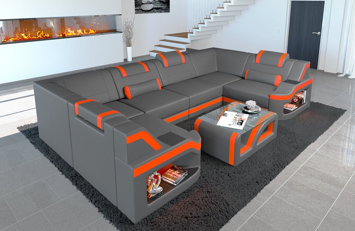 Sofa Dreams Wohnlandschaft Ledercouch Sofa Leder Padua U Form Ledersofa, Couch, mit LED, wahlweise mit Bettfunktion als Schlafsofa, Designersofa
