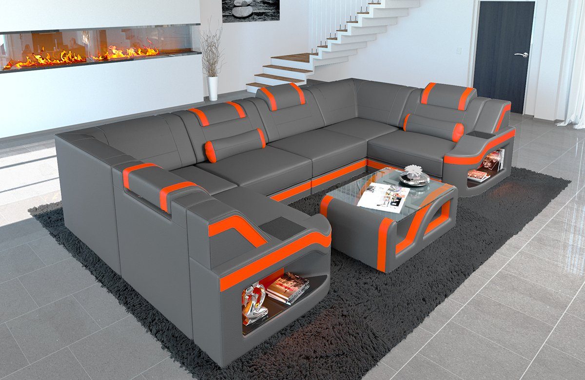 Sofa Dreams Wohnlandschaft Padua - U Form Ledersofa, Couch, mit LED,  wahlweise mit Bettfunktion als Schlafsofa, Designersofa