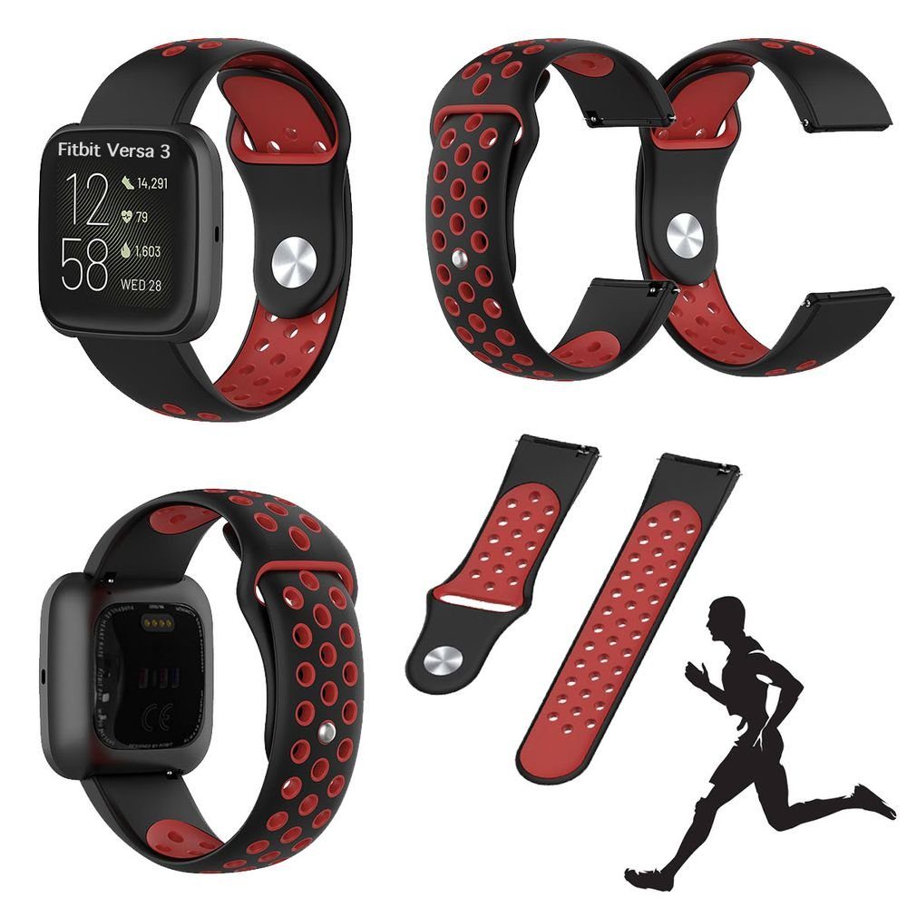 Wigento Für Fitbit Versa 3 Fitness Uhr Kunststoff Silikon Ersatz Armband  für Schwarz-Rot Fitnessuhr
