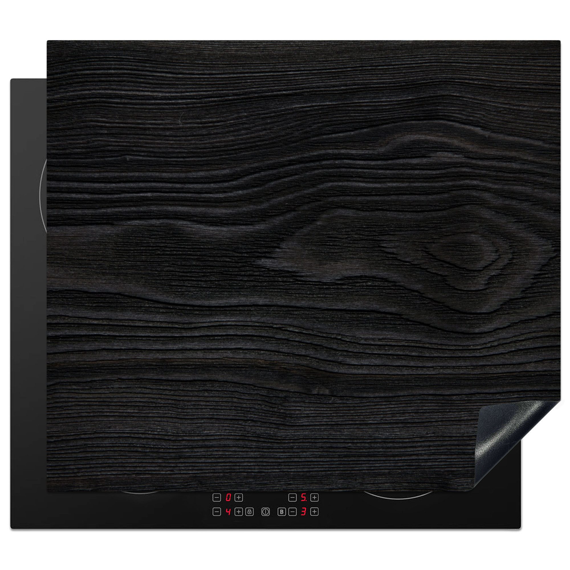 MuchoWow Herd-Abdeckplatte Schwarz - Holzoptik/print, Vinyl, (1 tlg), Ceranfeldabdeckung Küche, Herdabdeckplatte Einteilig, 60x52 cm