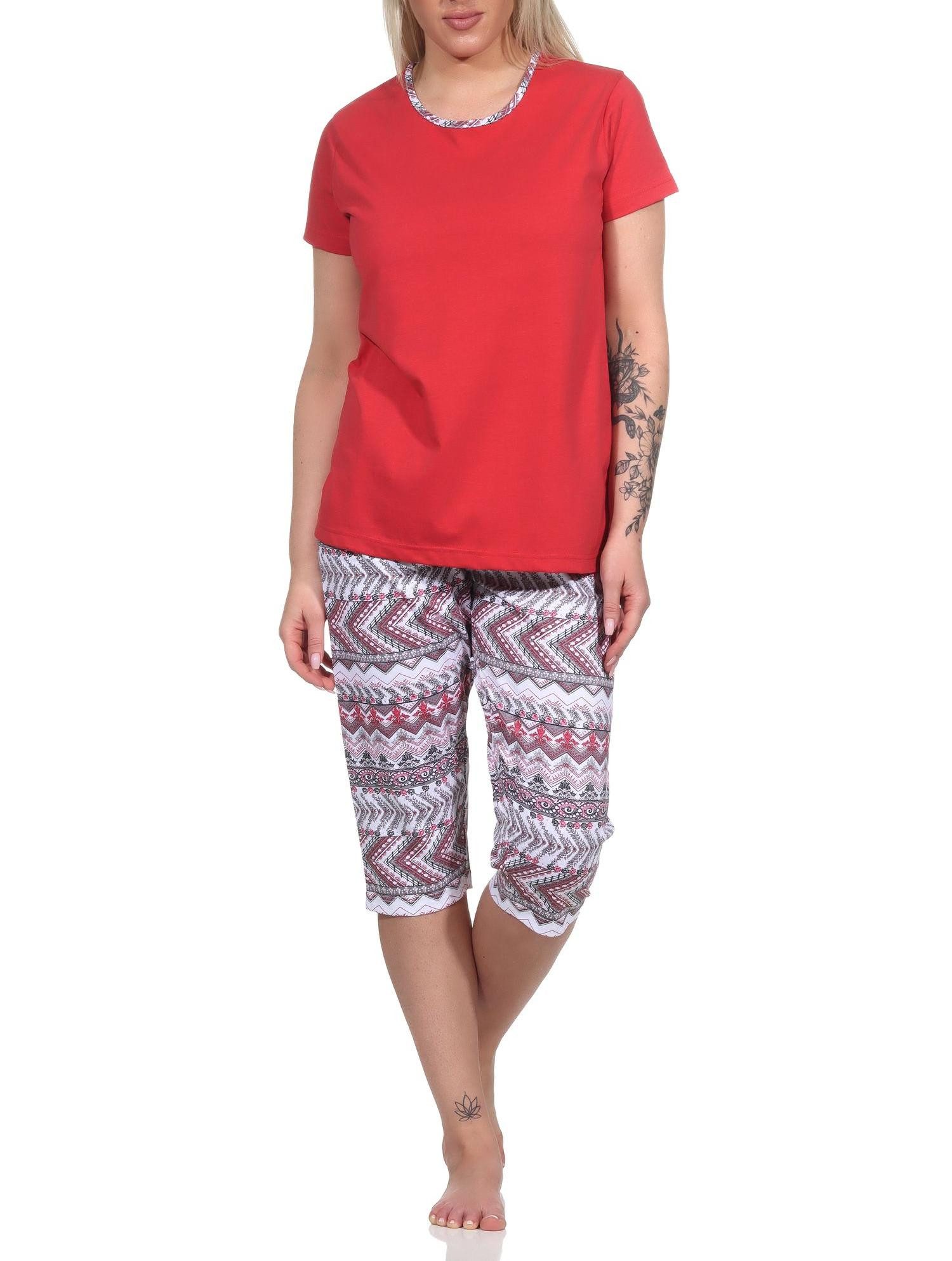 Pyjama Damen kurzarm Schlafanzug mit Caprihose im Ethnolook
