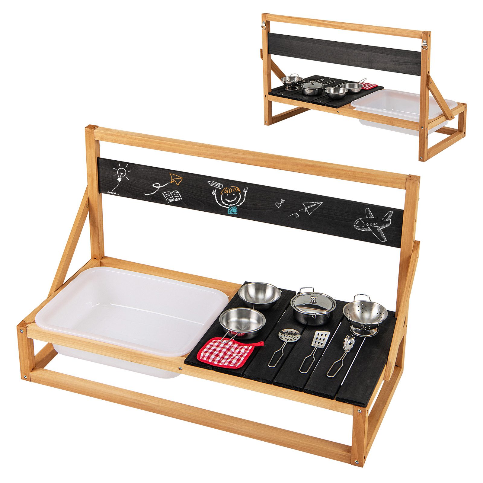 KOMFOTTEU Outdoor-Spielküche, mit Spülbecken, Kreidetafel, Wischmopp & 7 Küchenzubehör