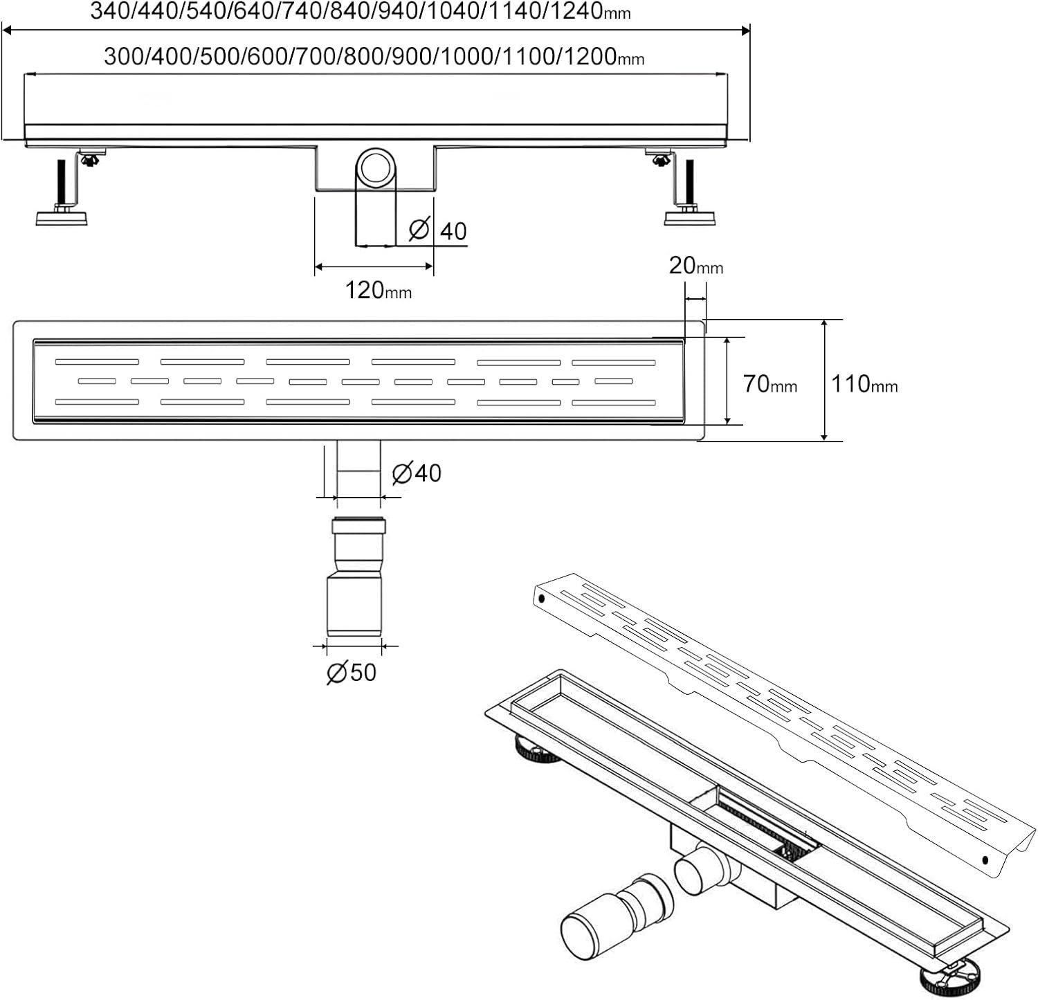 SaniteModar Duschrinne 80 cm, extra flache Strips‑Duschrinne aus Edelstahl, 1-St., Bodenablauf Komplettset mit Siphon und Haarsieb