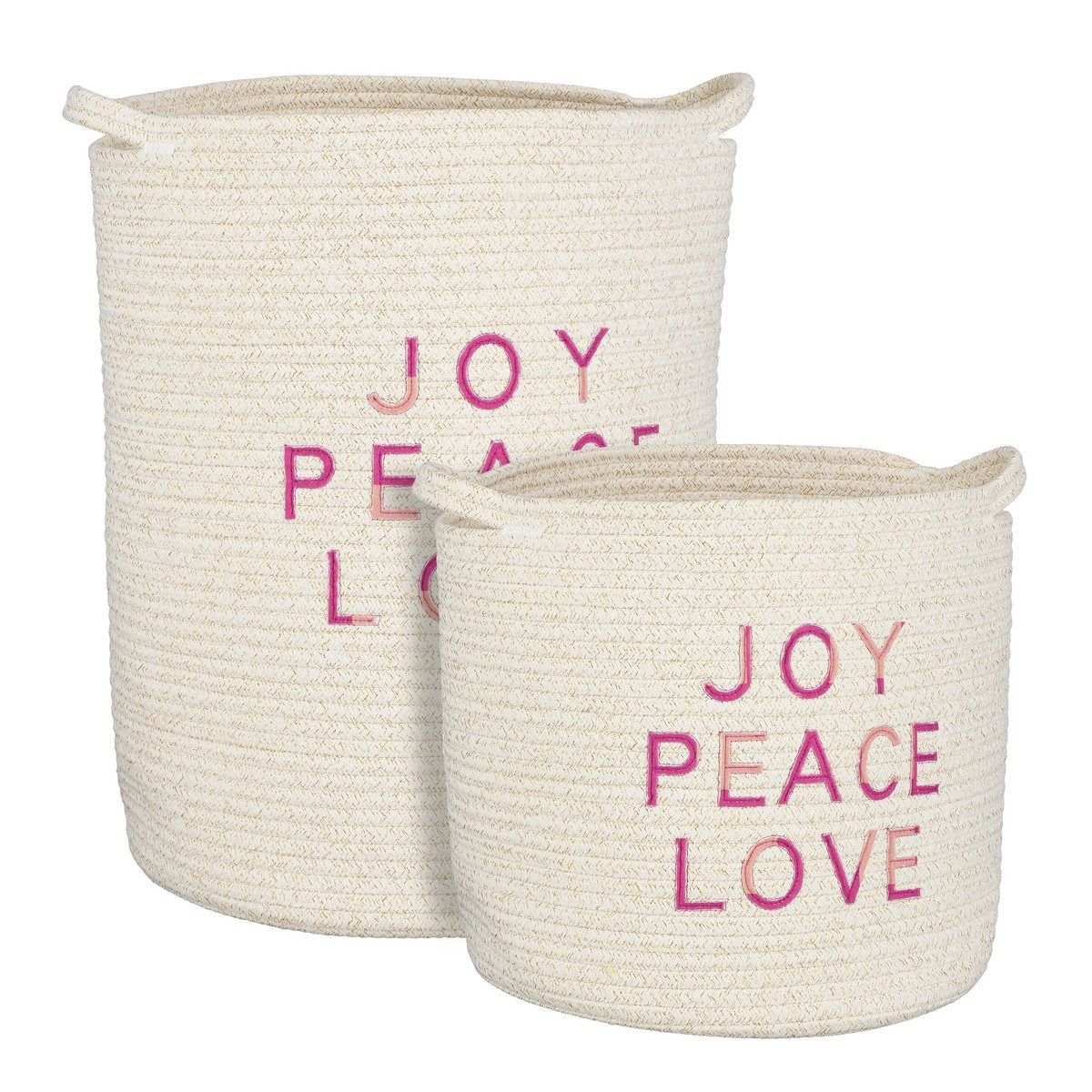 Mica Decorations Wäschekorb Mica Decorations Korb rund Joy Peace Love weiss Satz von 2 - h46xd33cm