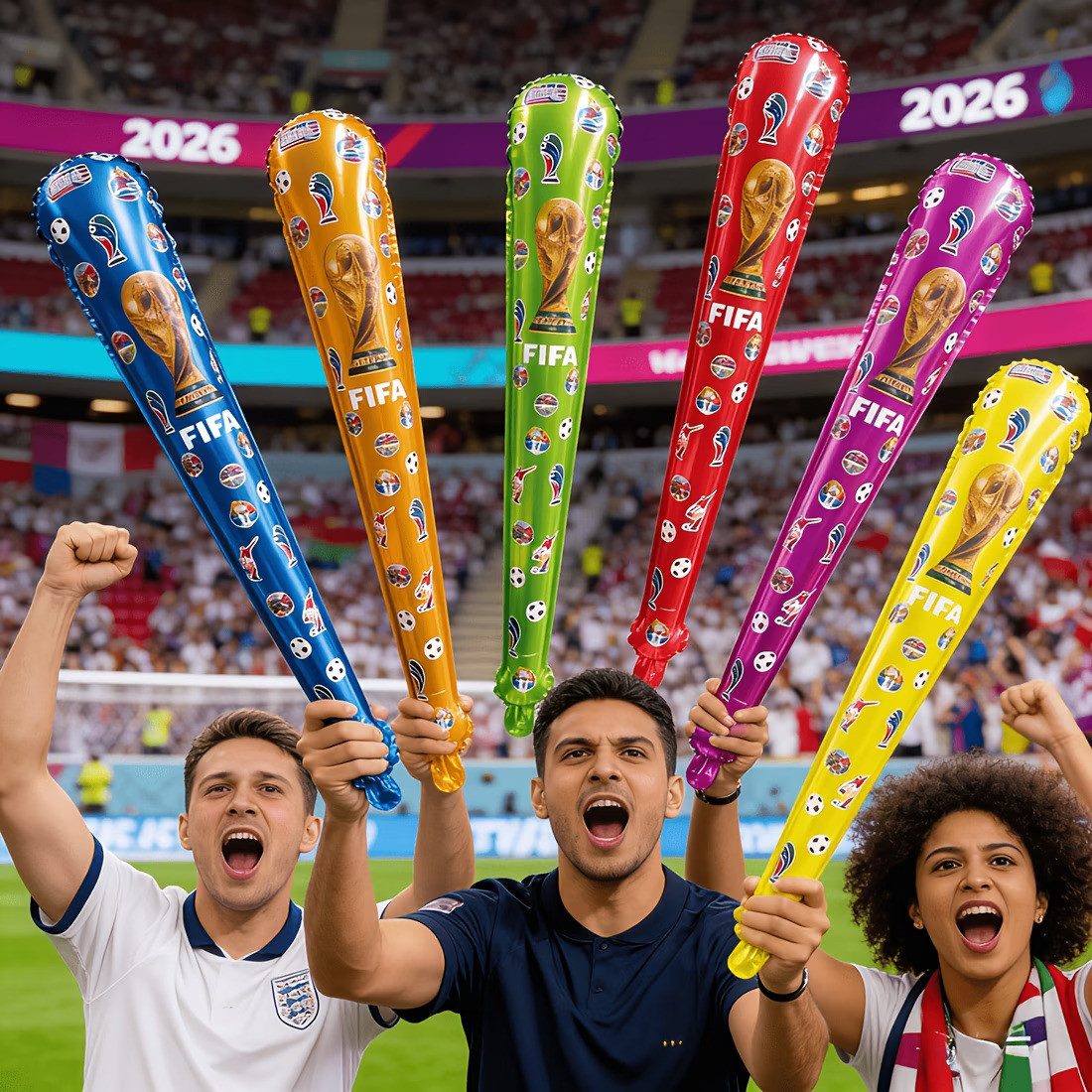 Stelby Aufblasbares Partyzubehör FIFA WM 2026 Folienballons 5er-Pack – Aufblasbare Jubel-Sticks, mit integriertem Glöckchen – Fan-Klatschstangen