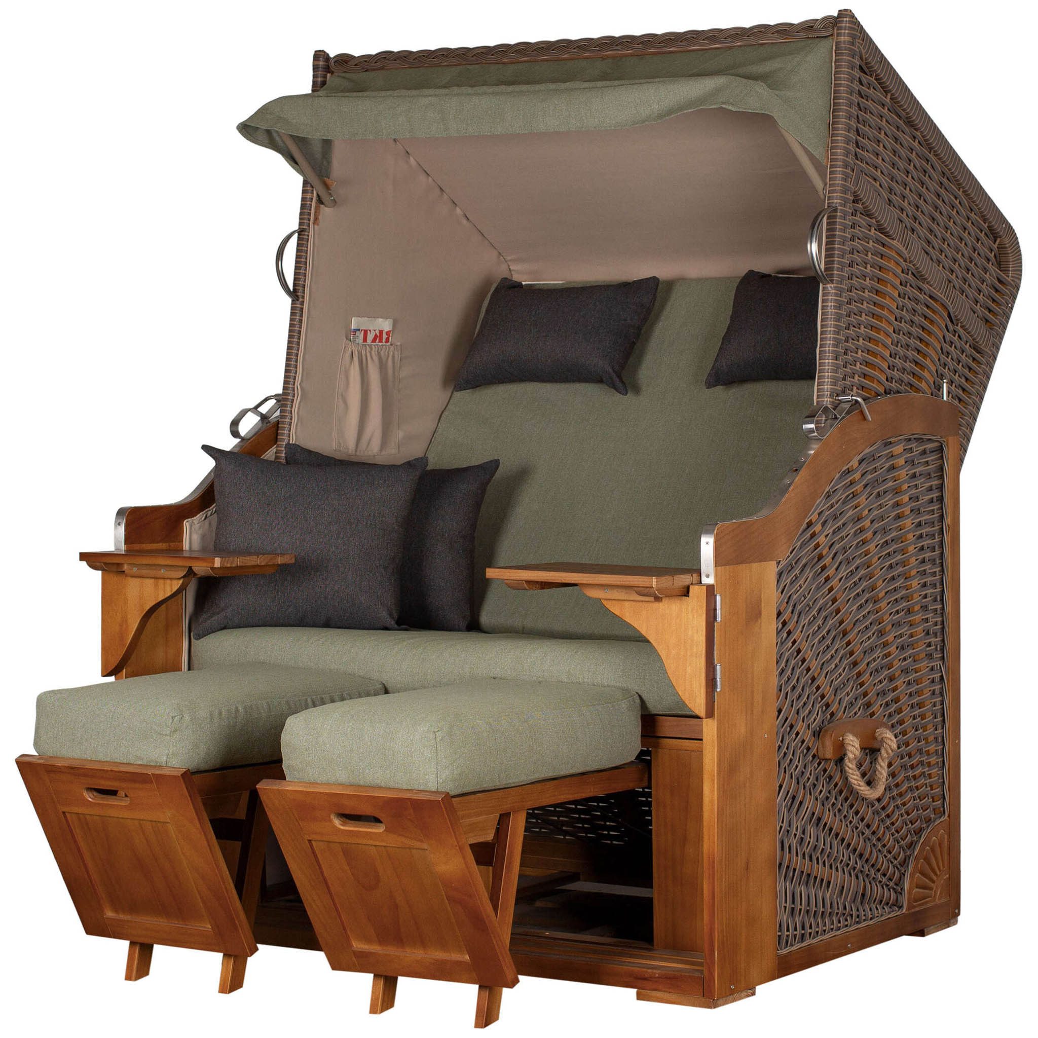 bene living Strandkorb Schleswig Pinie 2-Sitzer - PE mokka - Modell 567, BxTxH: 120x80x160 cm, Volllieger, Ostsee-Strandkorb, (Strandkorb-Komplettset, 4-tlg., Strandkorb, Schutzhülle, Doppellenkrollen und Glas-/Becherhalter), inkl. Windschutzfolie, Bistrotischen und bequemer Polsterung