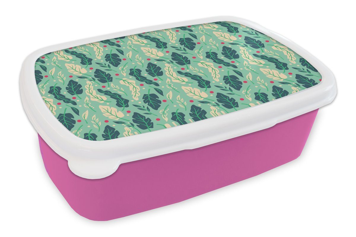 MuchoWow Lunchbox Blätter - Beere - Muster - Winter, Kunststoff, (2-tlg), Brotbox für Erwachsene, Brotdose Kinder, Snackbox, Mädchen, Kunststoff rosa | Lunchboxen
