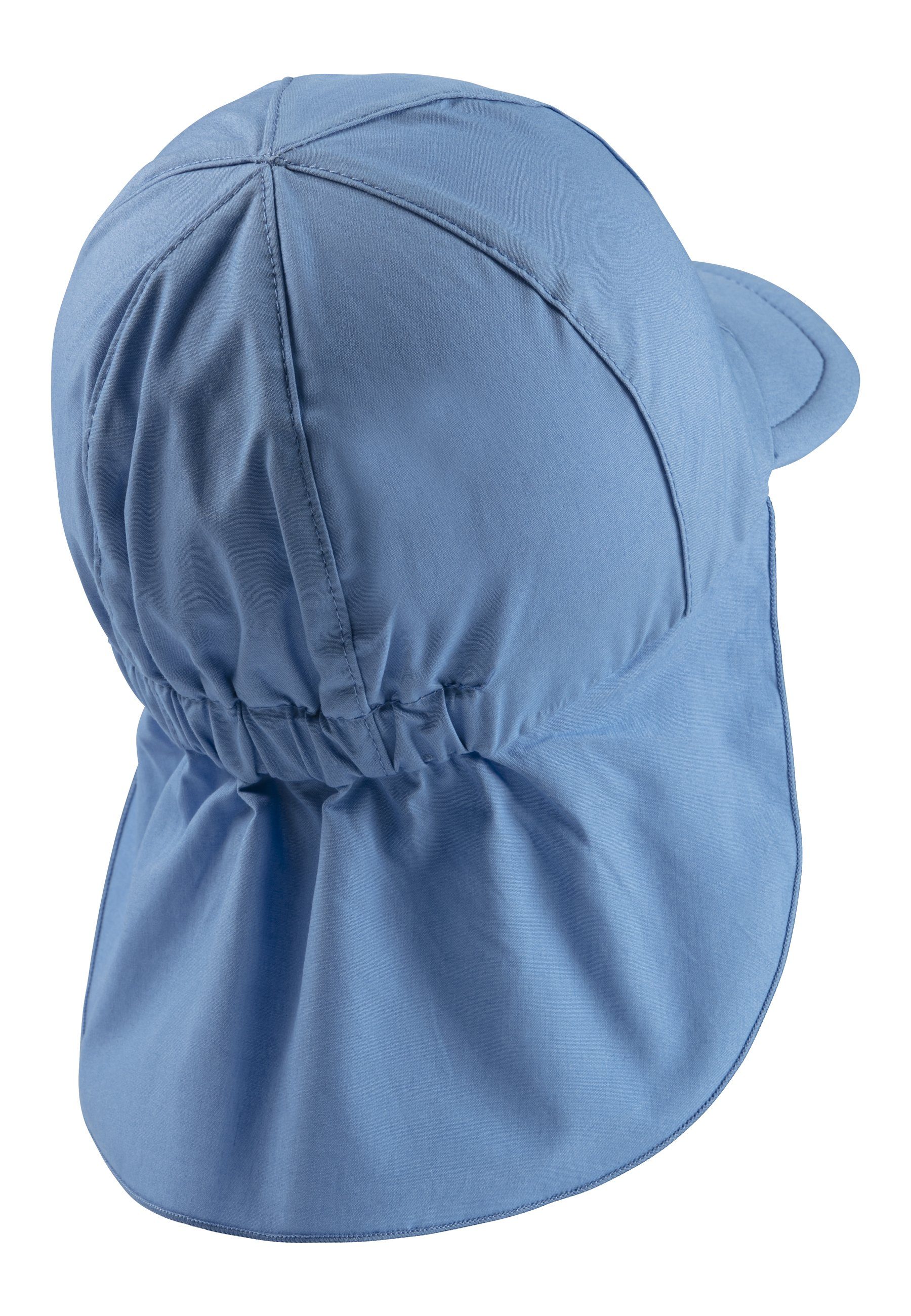 Sterntaler® Schirmmütze Schirmmütze mit samtblau aus und (1-St., 50+ Kinderhut UV-Popeline mit Bindeband UV-Schutz Nackenschutz idealer Sommermütze für Kinder) Sonnenschutz