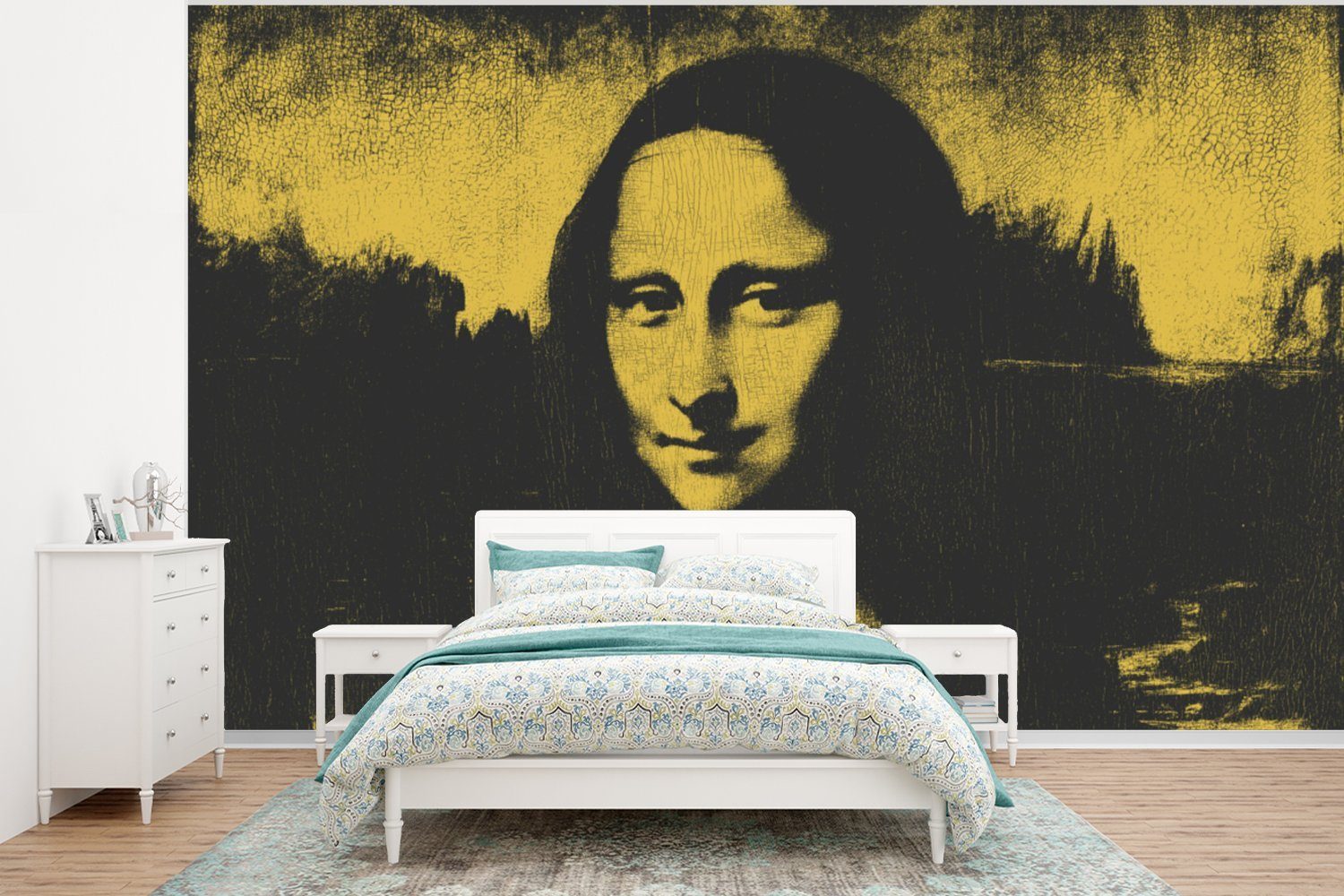 MuchoWow Fototapete Mona Lisa - Leonardo da Vinci - Schwarz - Gelb, Matt, bedruckt, (6 St), Wallpaper für Wohnzimmer, Schlafzimmer, Kinderzimmer, Vinyl Tapete