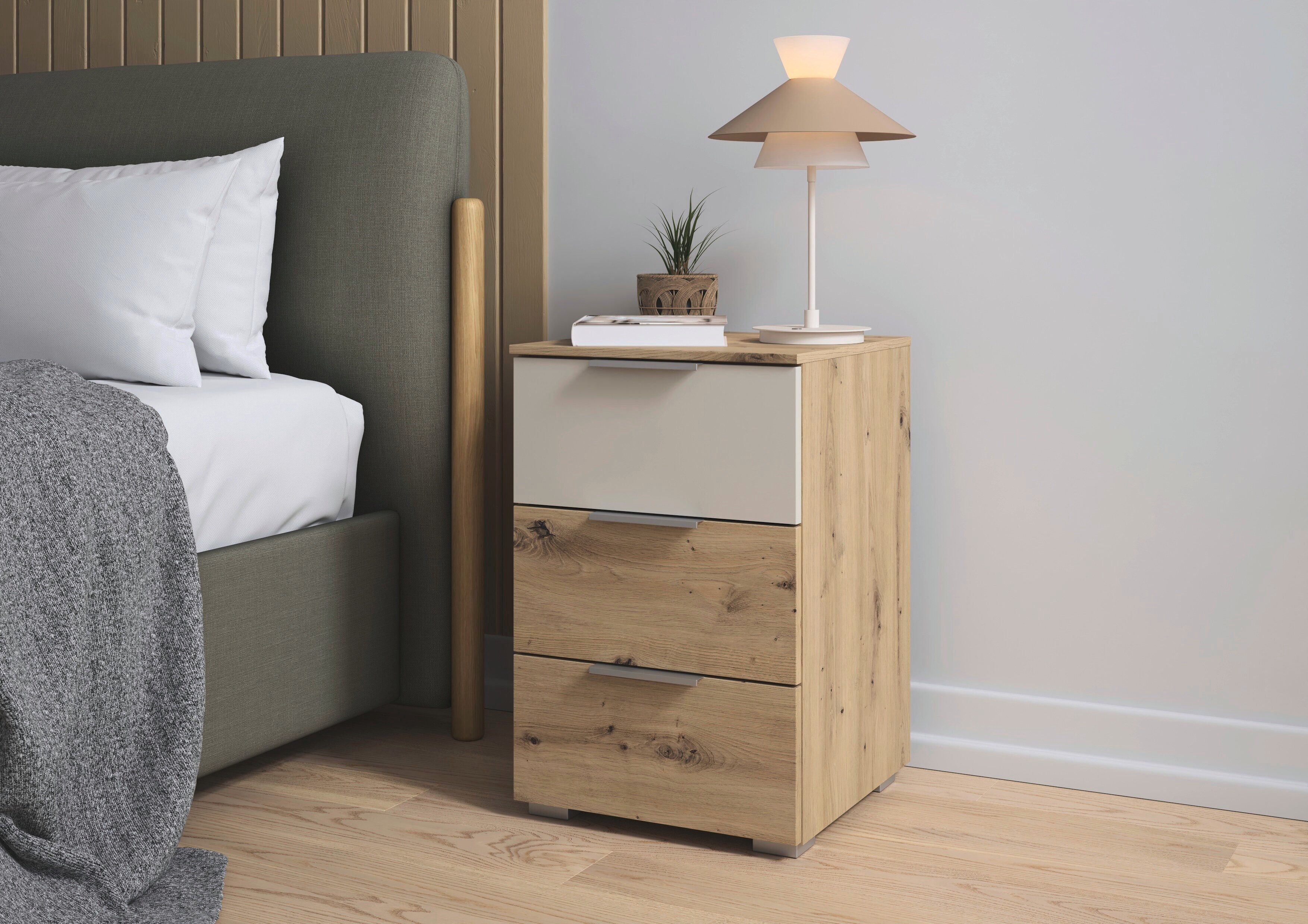 OTTO home Nachtkommode Nachttisch Nachtschrank Schubladen Sideboard Schubladenkommode ASTANA (Breite 40 cm / Höhe 61 cm), mit 3 geräumigen Schubladen, Kantengri – Bild 2 von 5