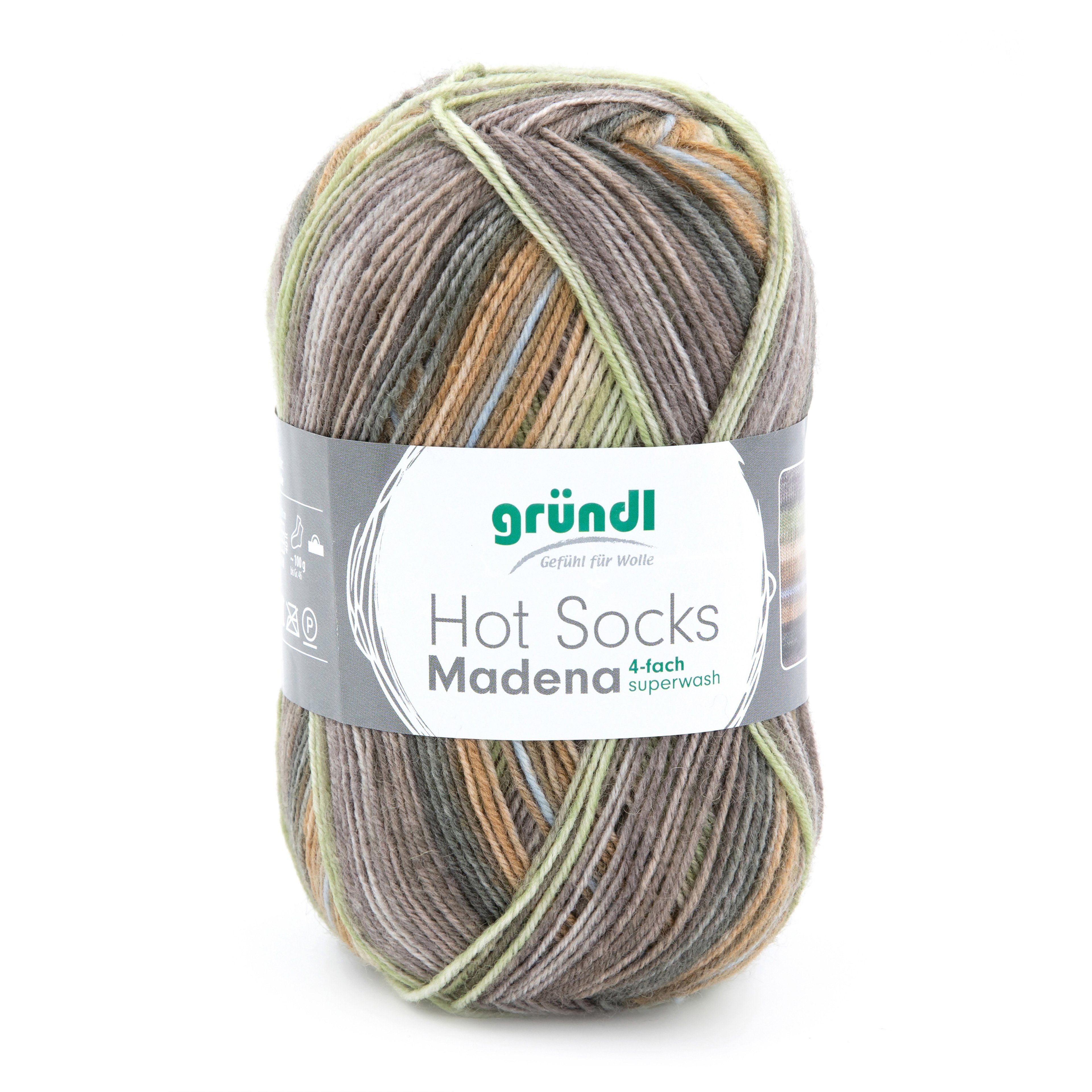 Gründl Wolle Hot Socks Madena Sockenwolle 4fädig zum Stricken und Häkeln Häkelwolle, 420,00 m (100g Sockengarn 4-fädig, Strumpfwolle 4-fach, für Ringelsocken, mit Anleitung zum download), 4fach verzwirnt