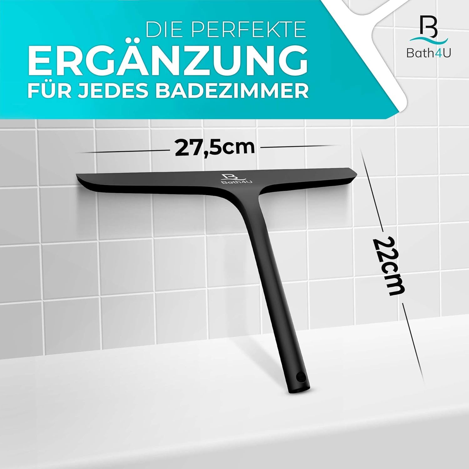 Bath4U Duschabzieher Profi Duschabzieher 27,5cm Silikon & Edelstahl für Dusche & Fenster, Inkl. Gratis Tuch & 2 Halterungen Schont Fliesen Rostfrei & Modern
