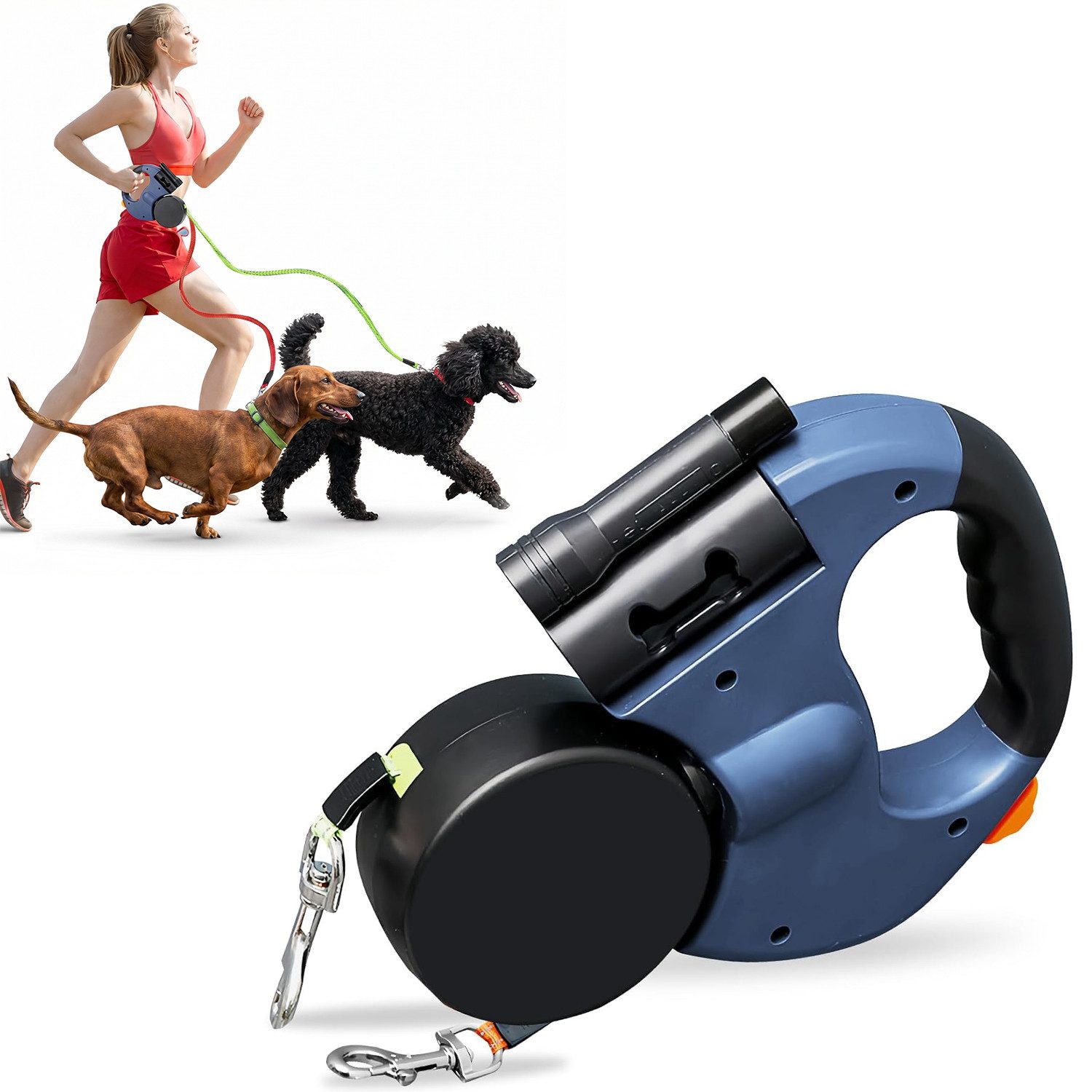 AIMAX Hundeleine Automatische Leine mit Taschenlampe 3M, Doppelleine für 2 Hunde, (Pet Walking Führleine mit Licht für kleine Hunde bis zu 10kg Gewicht, Ausziehbare 360 ° Verwicklungsfreie, EIN-Knopf-Verriegelung Bremse), Rutschfestem Griff, Hundeleine mit box für Kotbeutel oder Leckerlis