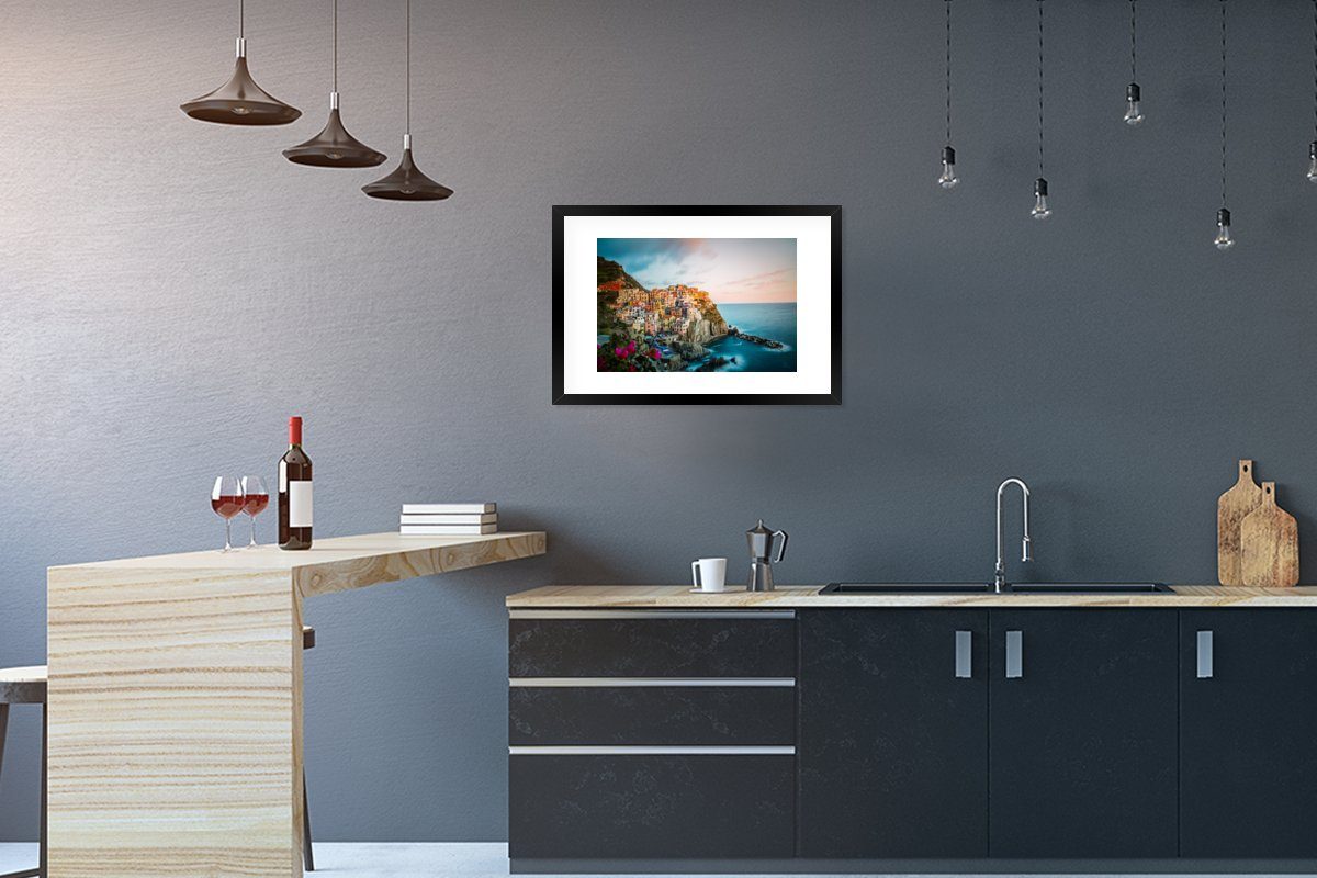 MuchoWow Poster Italien - Felsen - Monterosso, (1 St), mit Rahmen, Kunstdruck, Gerahmtes Poster, Schwarzem Bilderrahmen