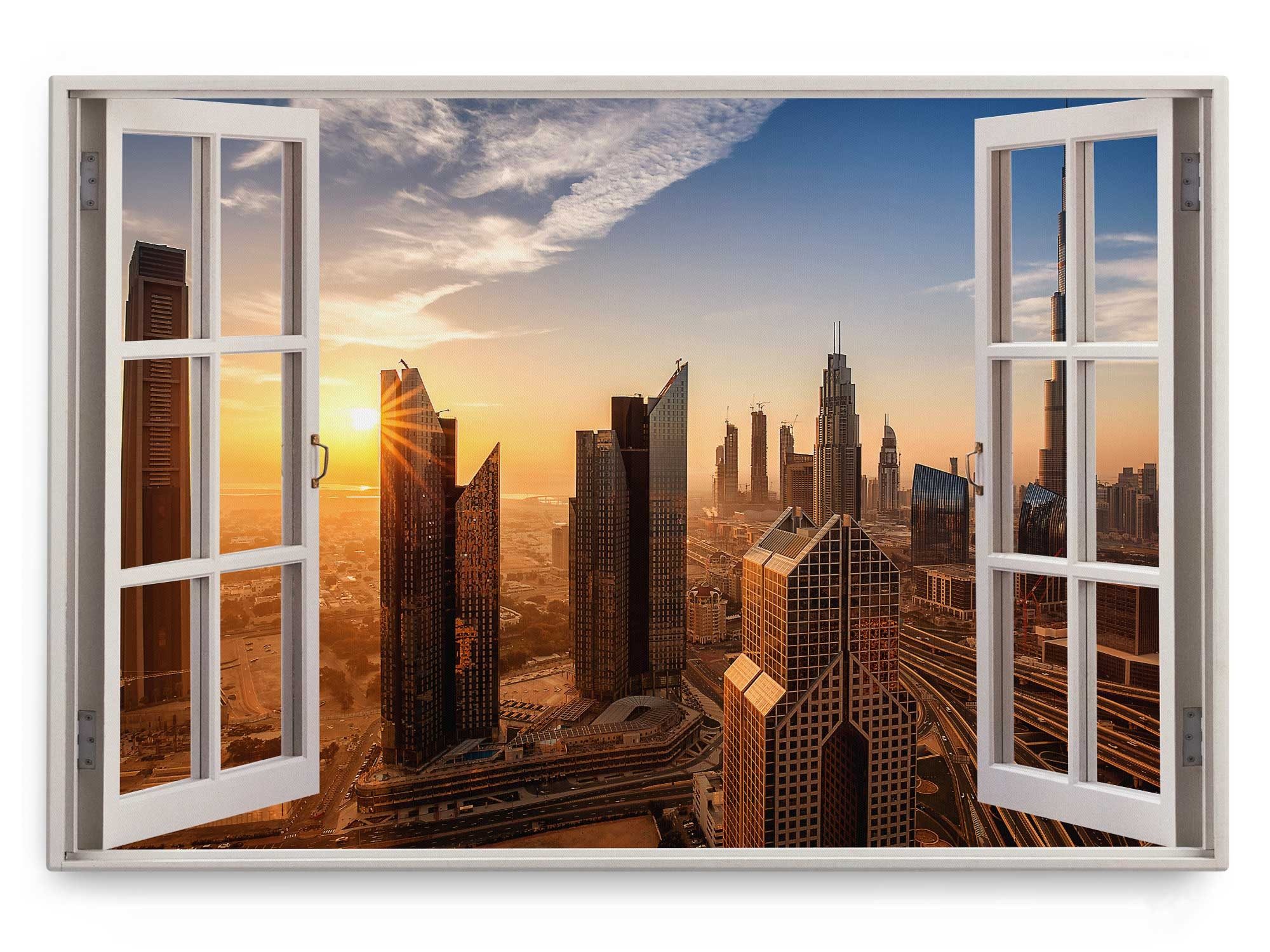 Sinus Art Leinwandbild Wandbild 120x80cm Fensterbild Dubai Sonnenuntergang Abendrot Hochhäuse, (1 St)