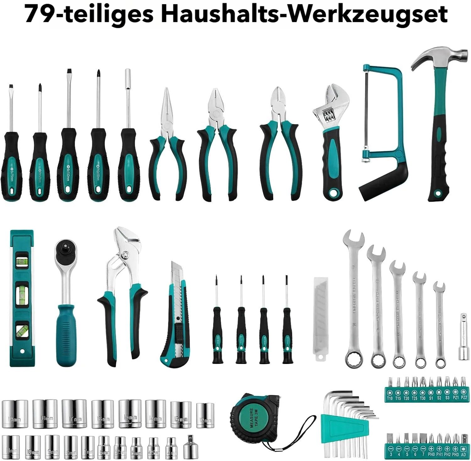 TLGREEN Werkzeugset 79-teiliges Basis-Werkzeugset mit Werkzeugkasten, für Haushalt, Auto & DIY-Projekte – Bild 5 von 5