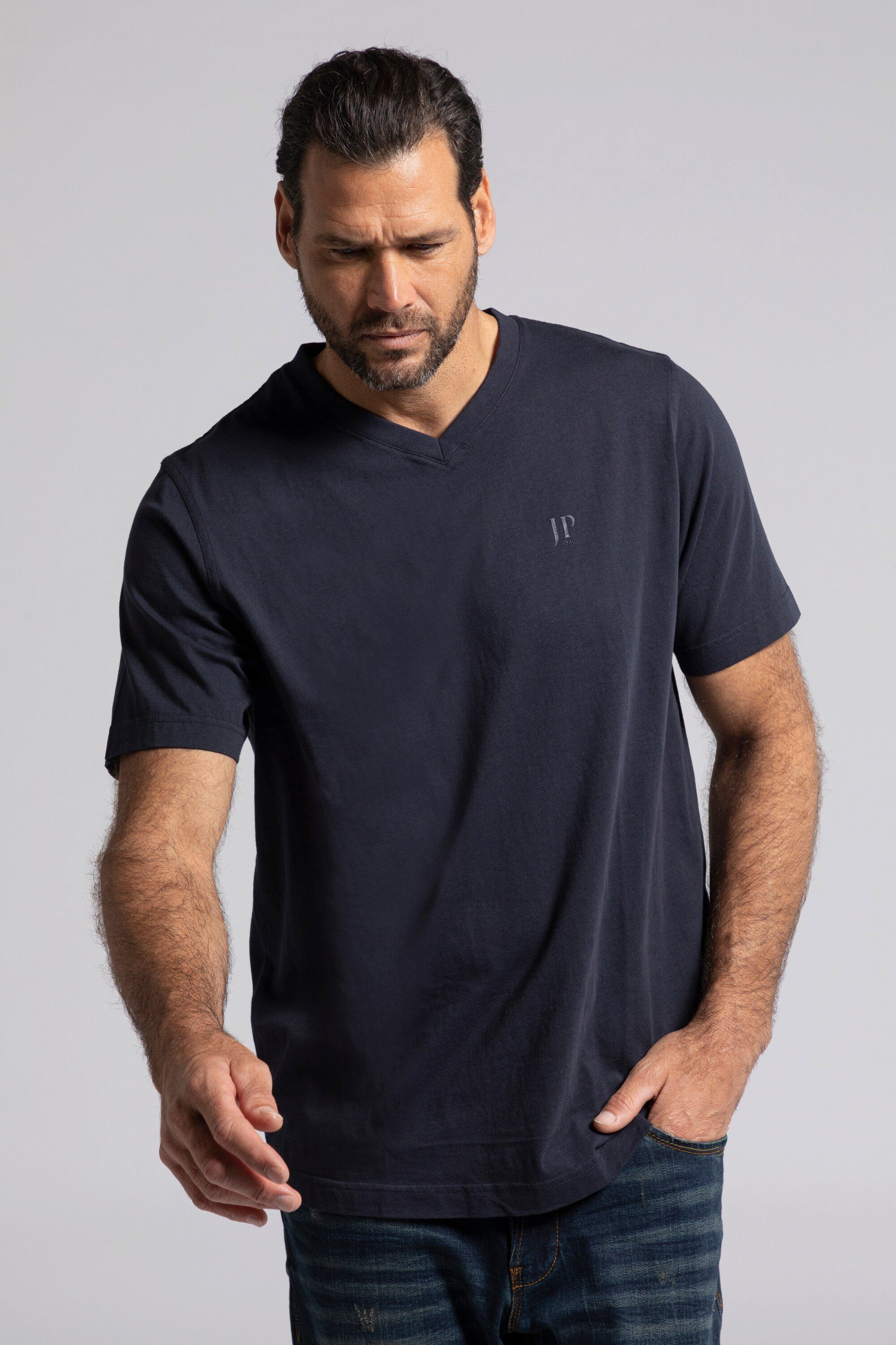 T-Shirt 2er-Pack V-Ausschnitt Basic JP1880 T-Shirts Halbarm hellgrau (2-tlg) mélange
