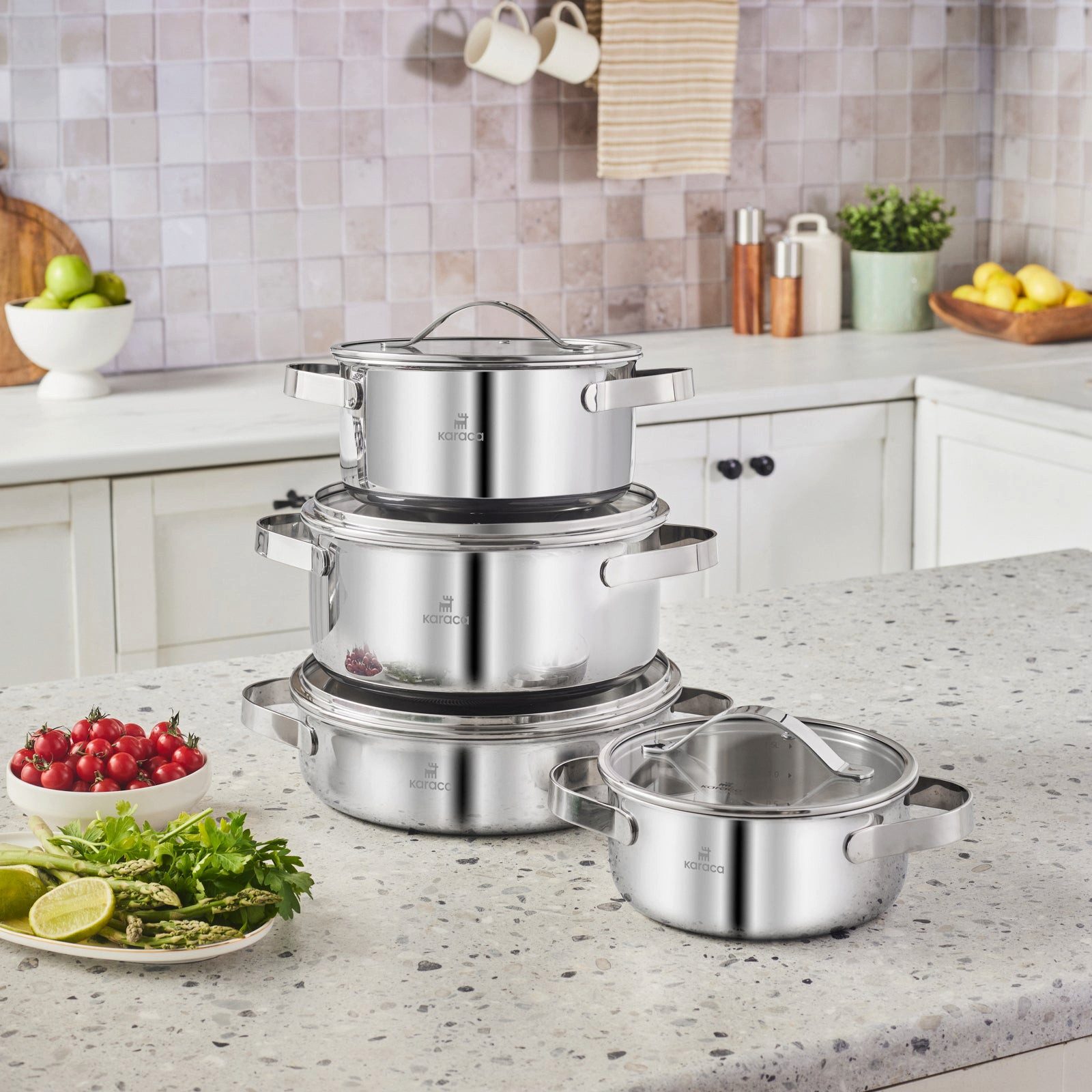 Karaca Topf-Set Karaca 3 Ply Culinara 8 Teilig Kochgeschirr Set, Edelstahl