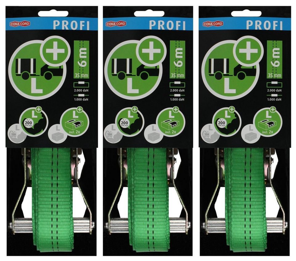 CONACORD Zurrgurt 3er Set PROFI Spanngurt Ladungsgurt Sicherungsgurt  Zurrgurt 6mx35mm mit Ratsche Ratschengurt (3-St) DIN EN 12195-2