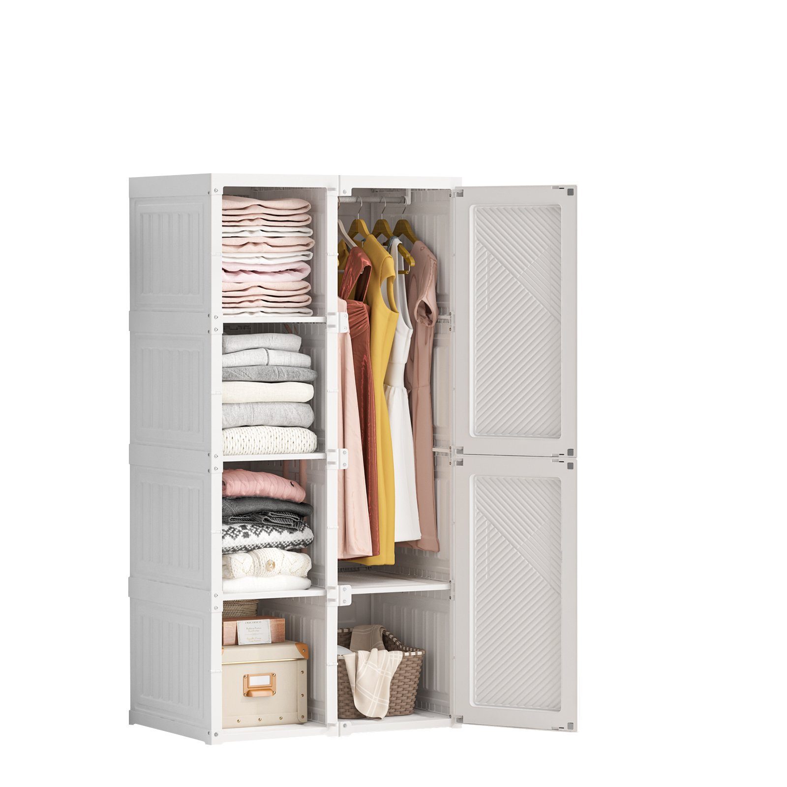 Kleiderschrank (faltbar Kleiderschränke Garderobenschrank) inkl. 11 Tür mit magnetverschluss und 2 Kleiderstange, Weiß
