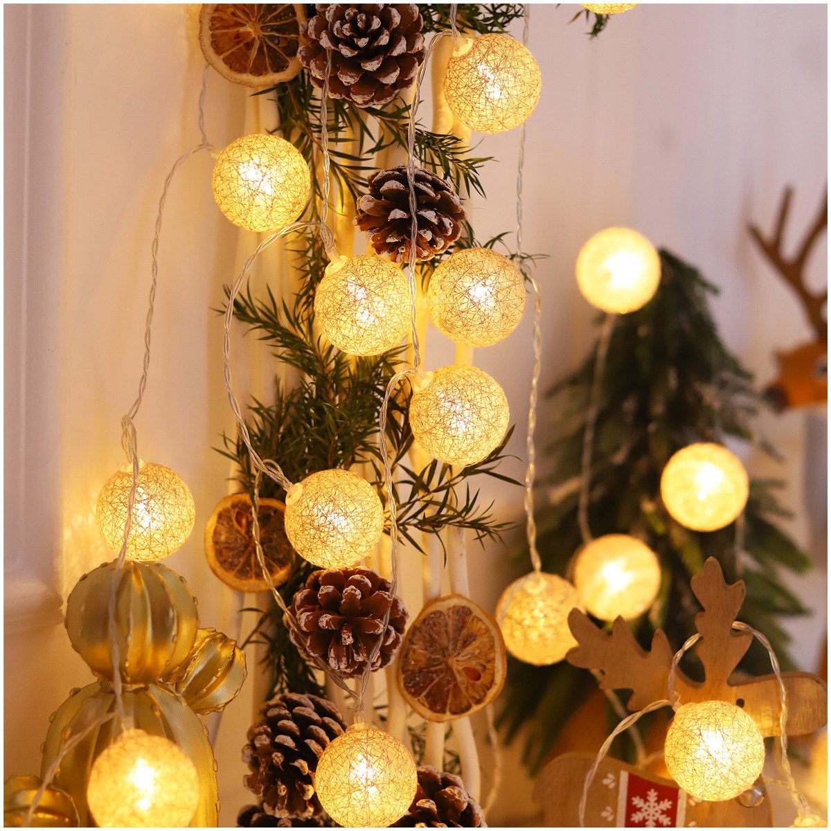 Qualra LED-Lichterkette 10/20LED Baumwollkugeln Lichterkette Warmweiß Batterie für Party Innen, LED Lichterketten 2er/Set