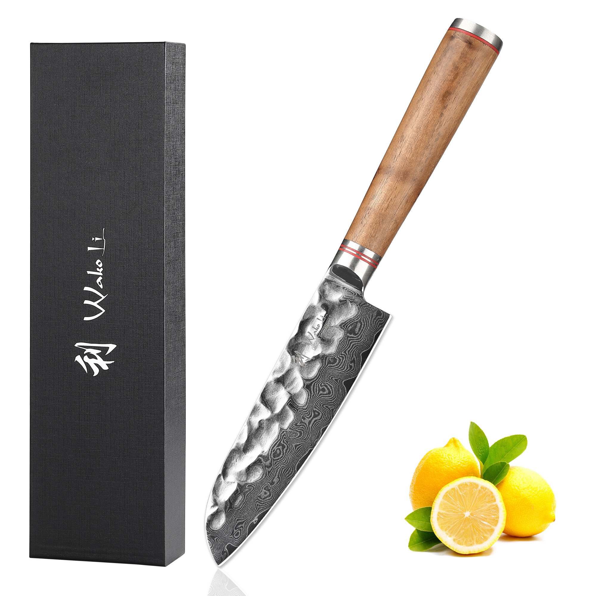 Wakoli Santokumesser Nussbaum Damast Kleines Santoku I Küchenmesser Kochmesser 12 cm Klinge, aus 67 Lagen Damaststahl mit VG10 Kern