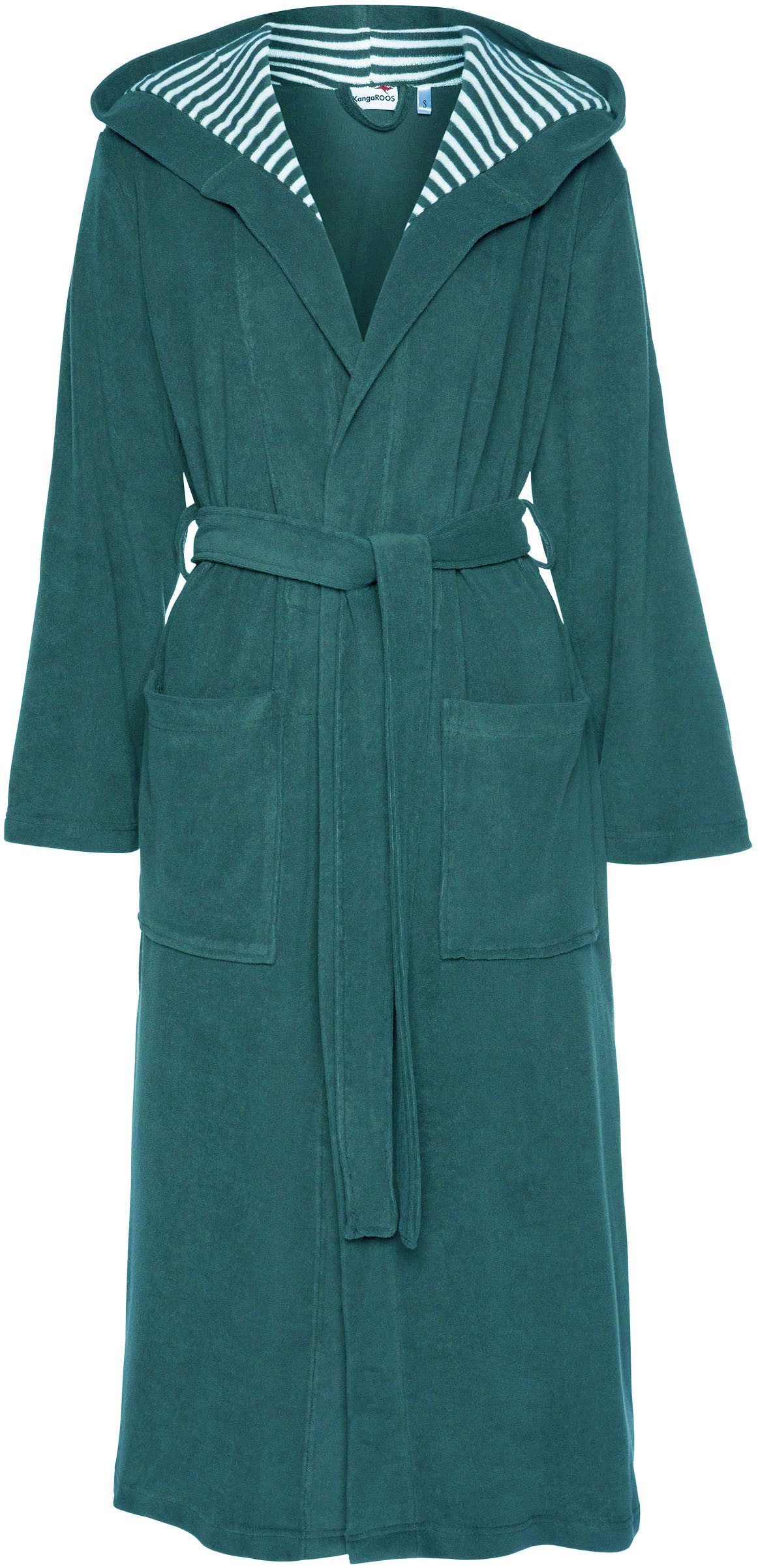 KangaROOS Damenbademantel Dalia, ideal für Sauna & Spa, Standardlänge & Überlänge, Langform, Leichtfrottier, Kapuze, Gürtel, Uni-Farben mit Streifen, Taschen, leicht, XS-3XL, auch in extra lang