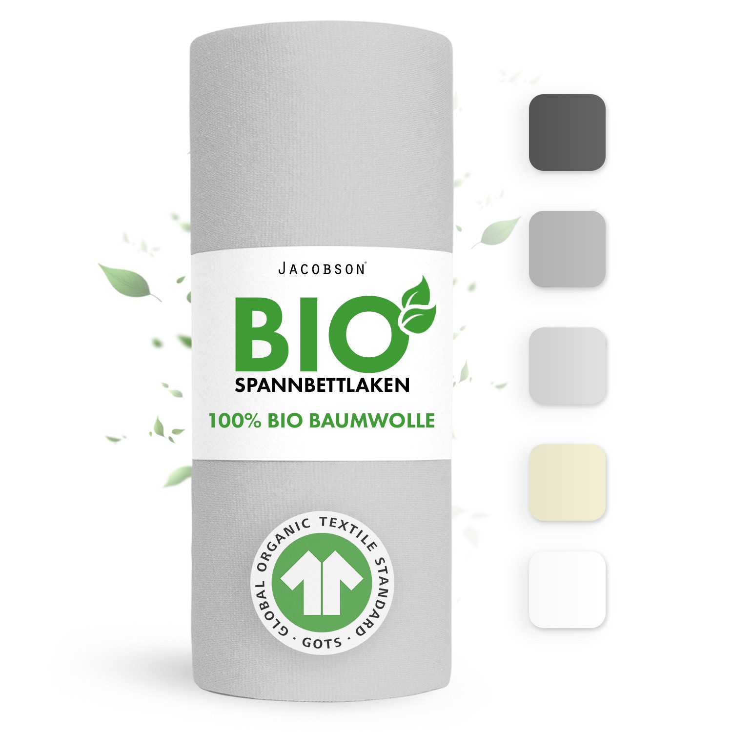 Jacobson Spannbettlaken BIO, Jersey Spannbetttuch, Bettlaken 160 g/m², 100% BIO-Baumwolle, Gummizug: rundum, GOTS zertifiziert