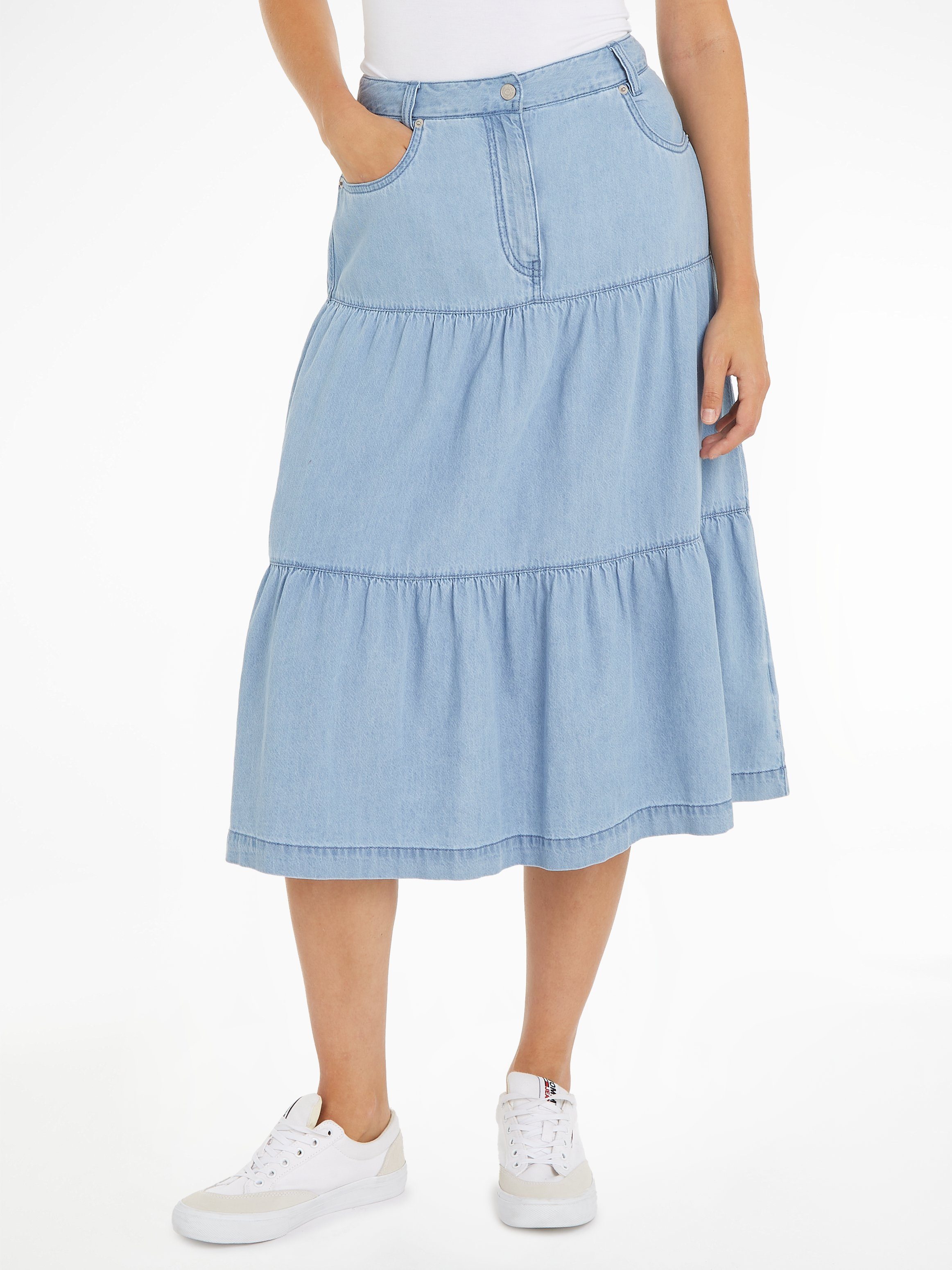 TIERED Jeans Tommy mit Markenlabel MIDI Jeans Tommy SKIRT CHAMBRAY Jeansrock TJW