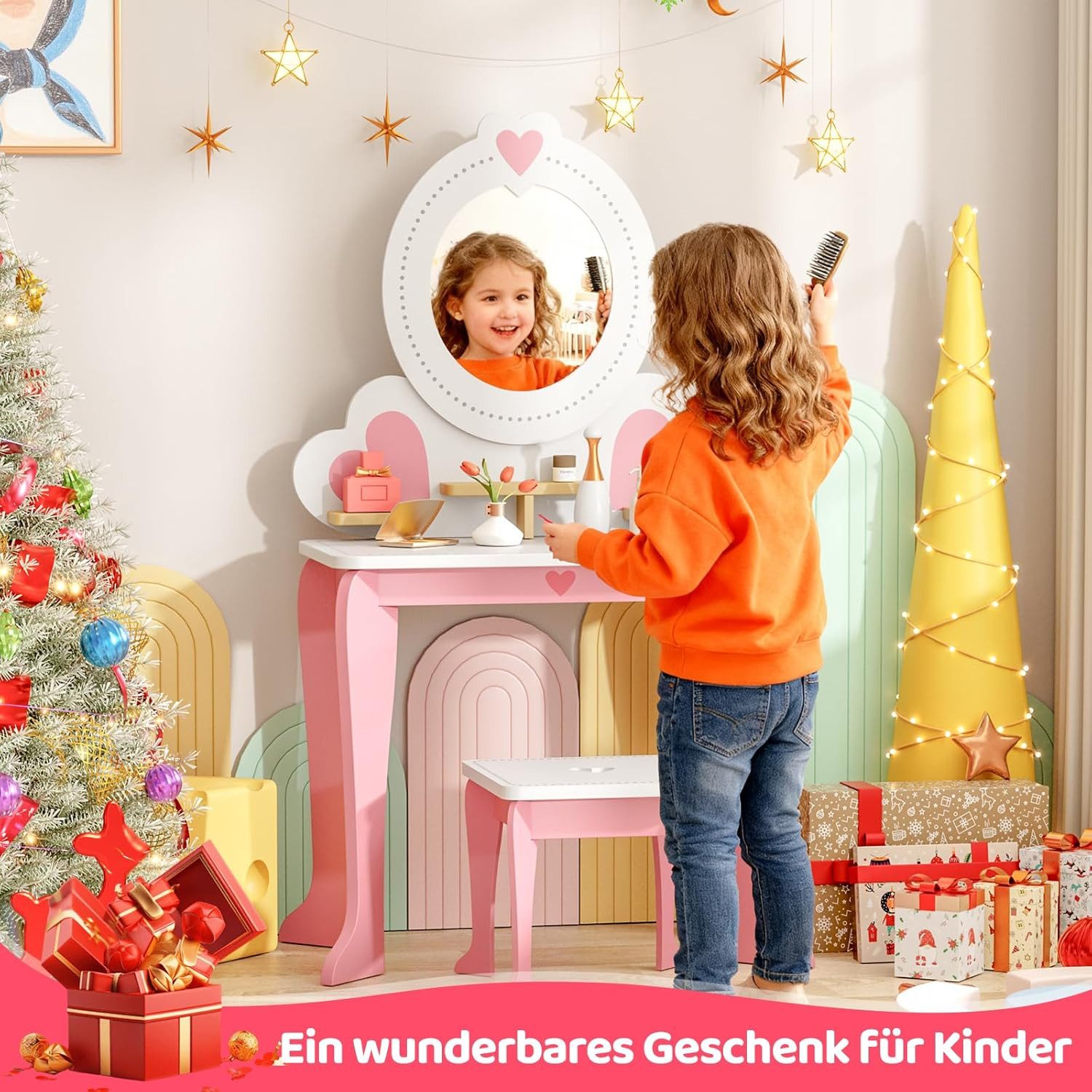 TLGREEN Schminktisch, 2-in-1 Kinderschminktisch mit Spiegel (Puppenschminktisch & Schreibtisch Mädchen, 50x33x91cm, Spielzeug für Mädchenab 3 Jahre), Kinder Makeup Tisch Rosa mit Stuhl