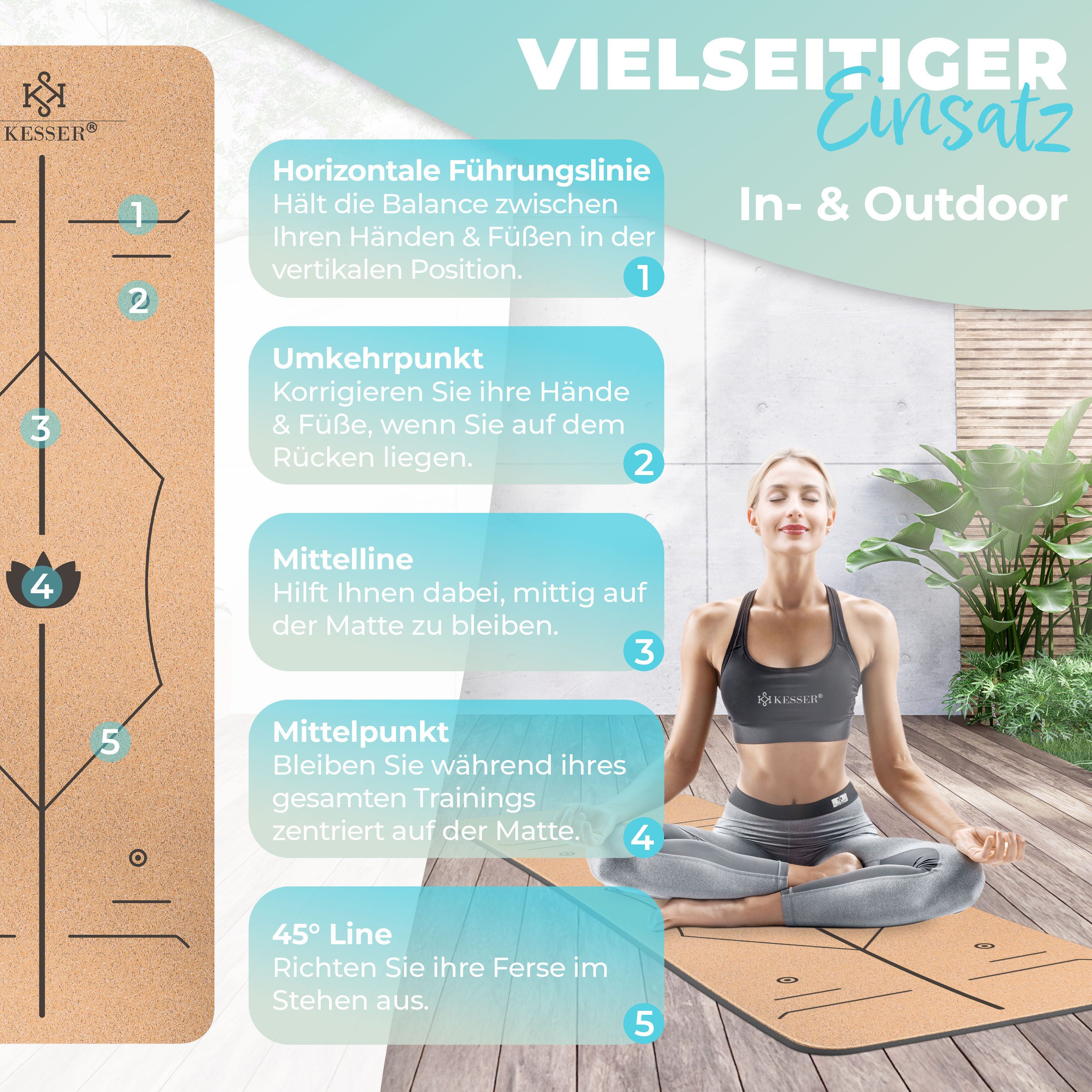 KESSER Yogamatte, Fitnessmatte Kork mit Tragegurt & Tasche Gymnastikmatte Trainingsmatte